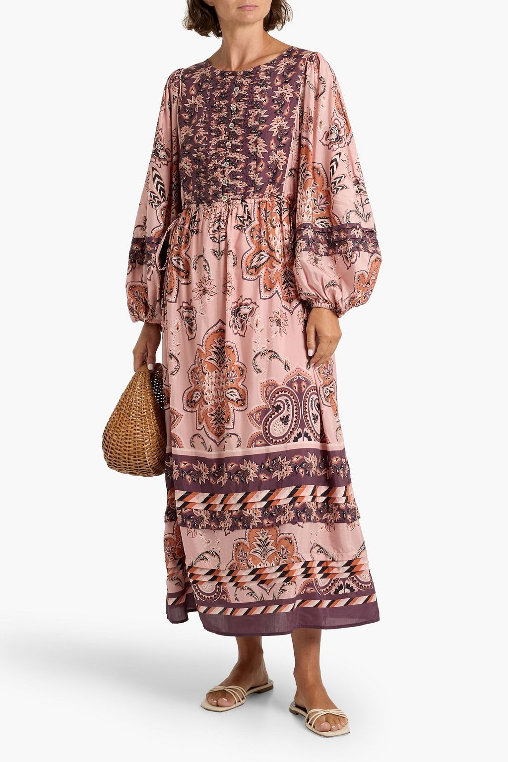 FARM RIO Pintucked paisley-print cotton-blend voile maxi dress