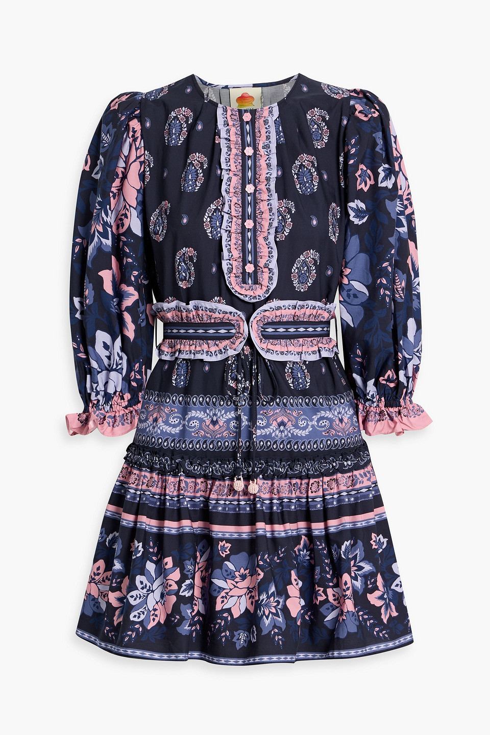 Farm Rio Ruffled Printed Cotton-poplin Mini Dress In Blue