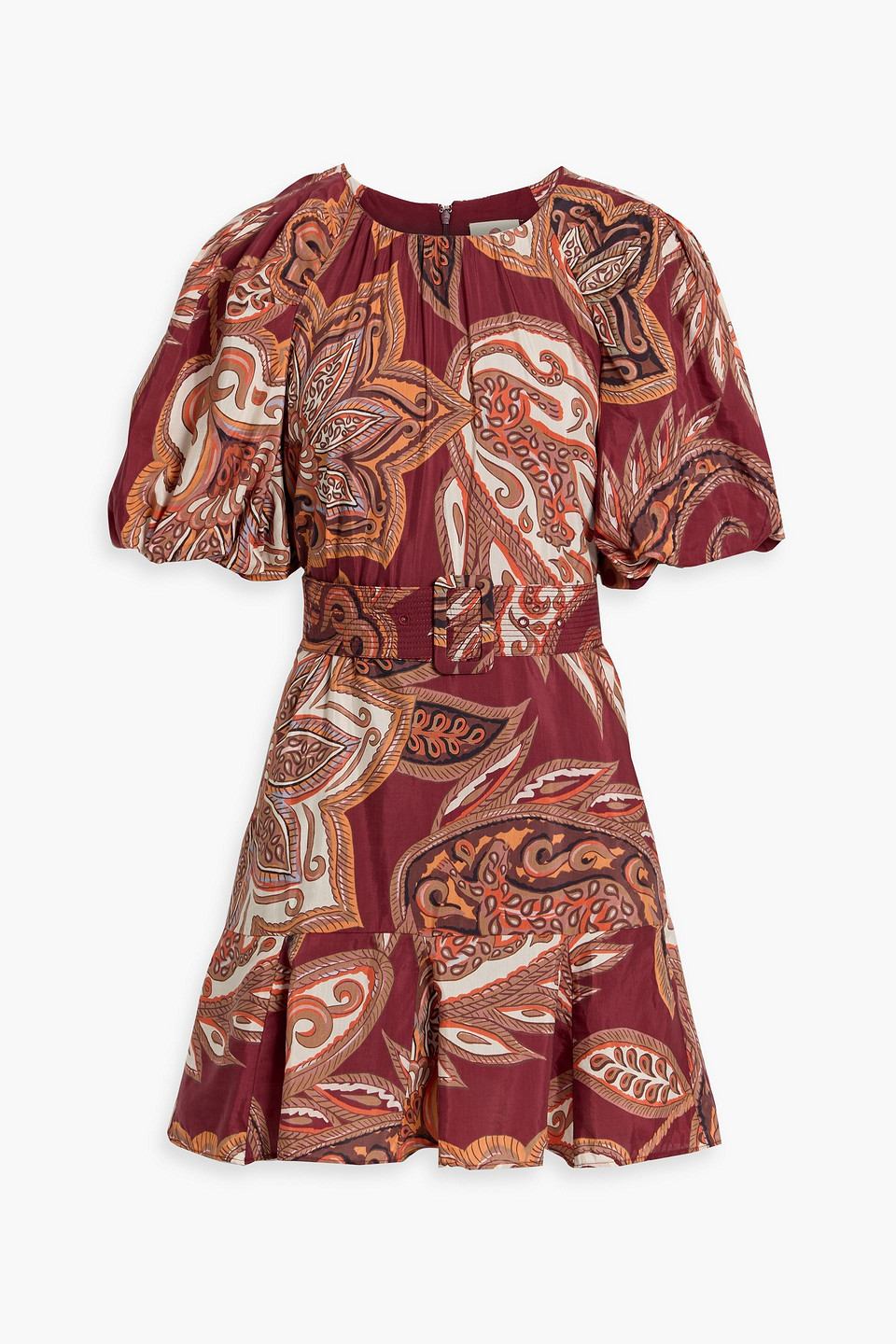 Farm Rio Belted Paisley-print Cotton-voile Mini Dress In Burgundy