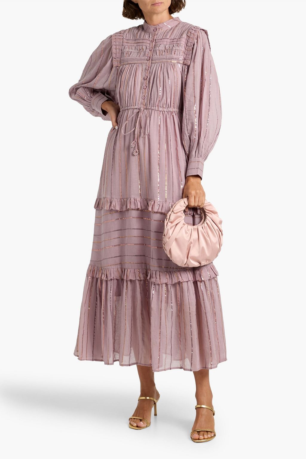 FARM RIO Metallic striped cotton-blend gauze maxi dress