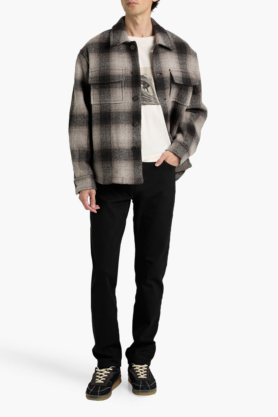 Frame Checked Padded Wool-blend Overshirt In Brown
