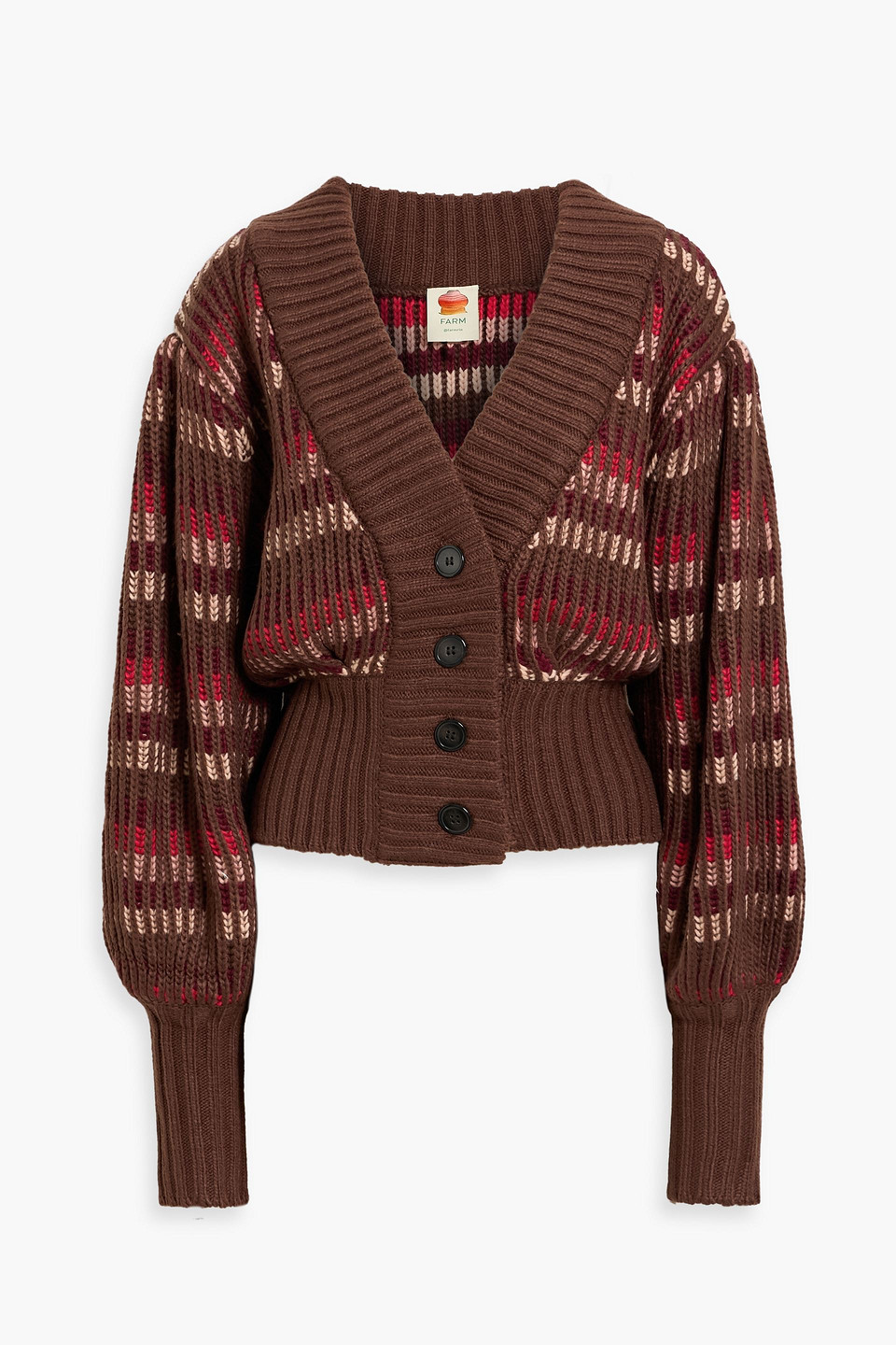 Farm Rio Striped Ribbed-knit Cardigan In Brown