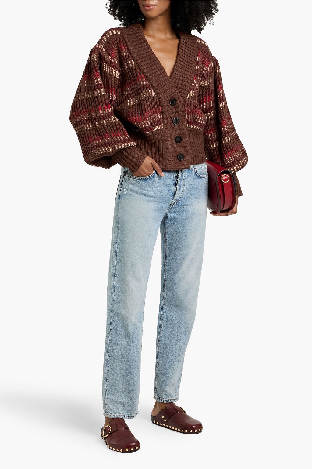 FARM RIO Striped ribbed-knit cardigan