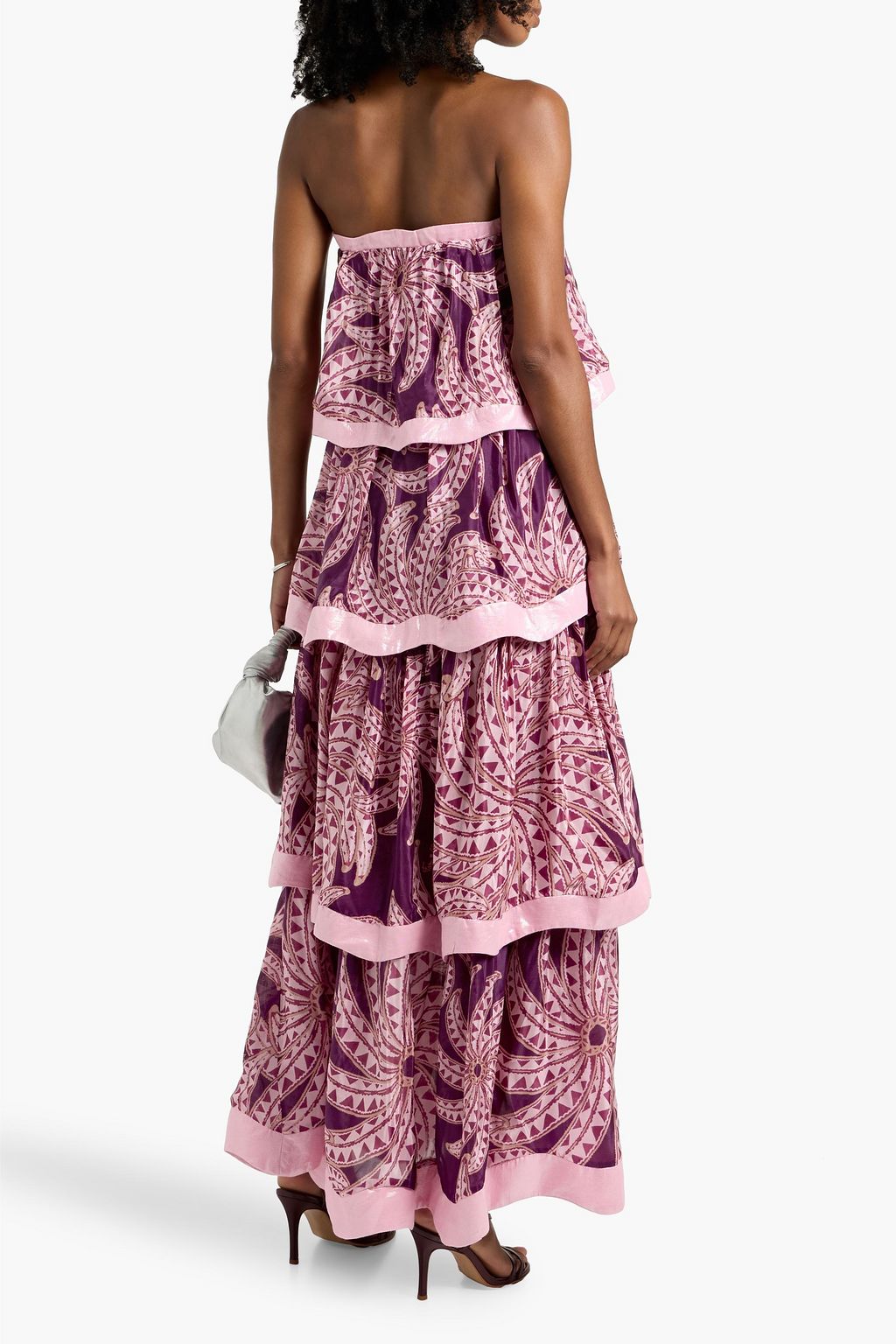 FARM RIO Strapless tiered printed crepe de chine maxi dress