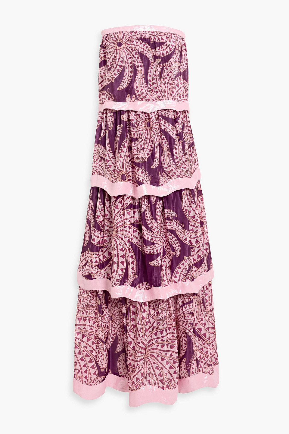 Farm Rio Strapless Tiered Printed Crepe De Chine Maxi Dress In Pink