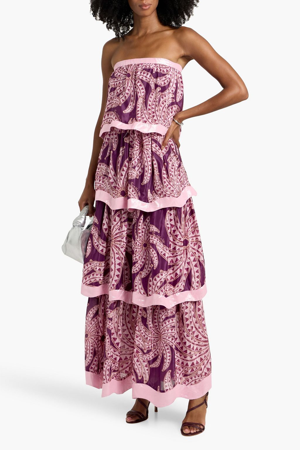 FARM RIO Strapless tiered printed crepe de chine maxi dress