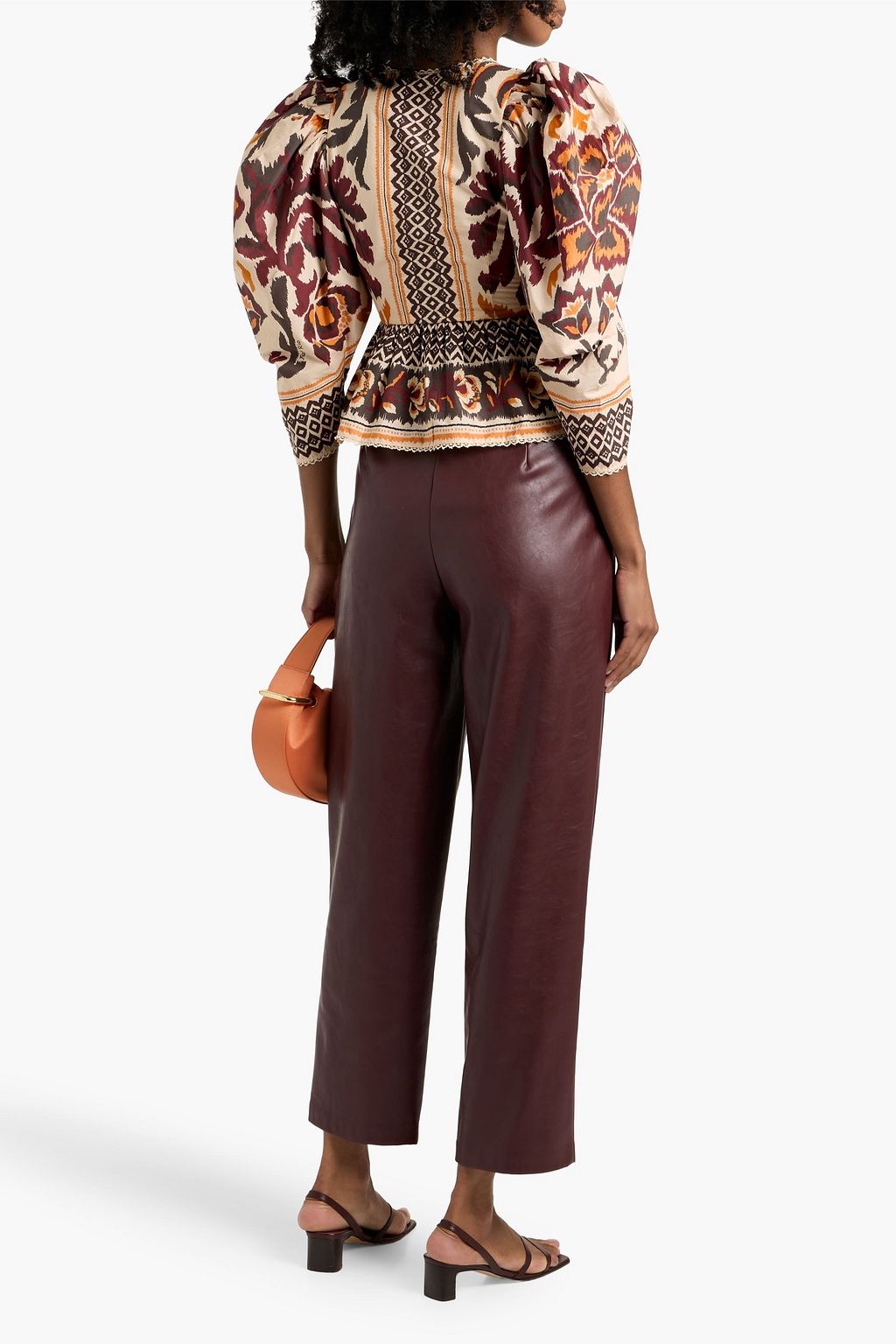 FARM RIO Lace-trimmed printed cotton-poplin peplum blouse