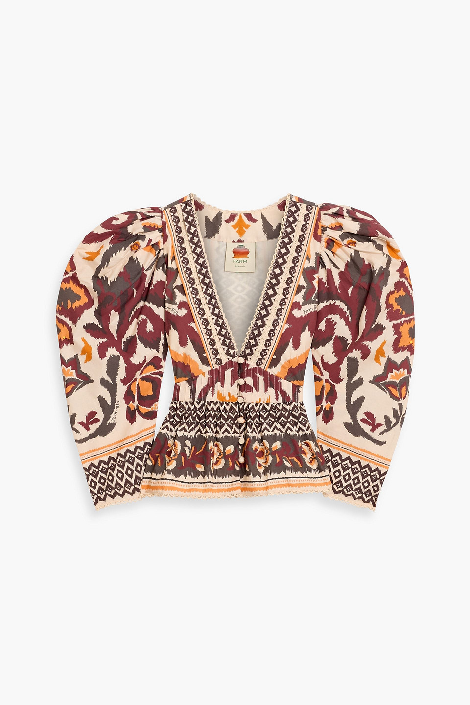 Farm Rio Lace-trimmed Printed Cotton-poplin Peplum Blouse In Multi