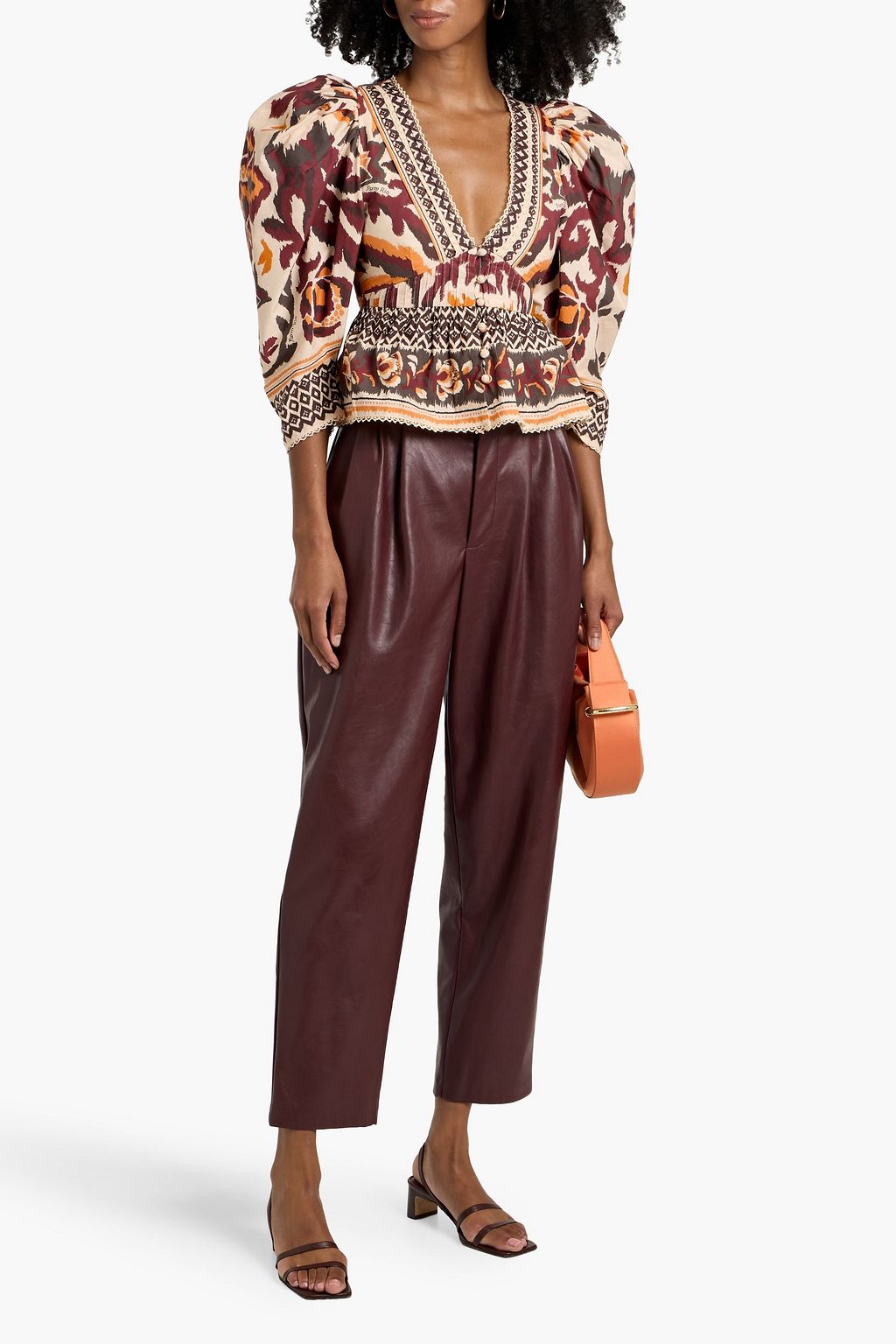 FARM RIO Lace-trimmed printed cotton-poplin peplum blouse