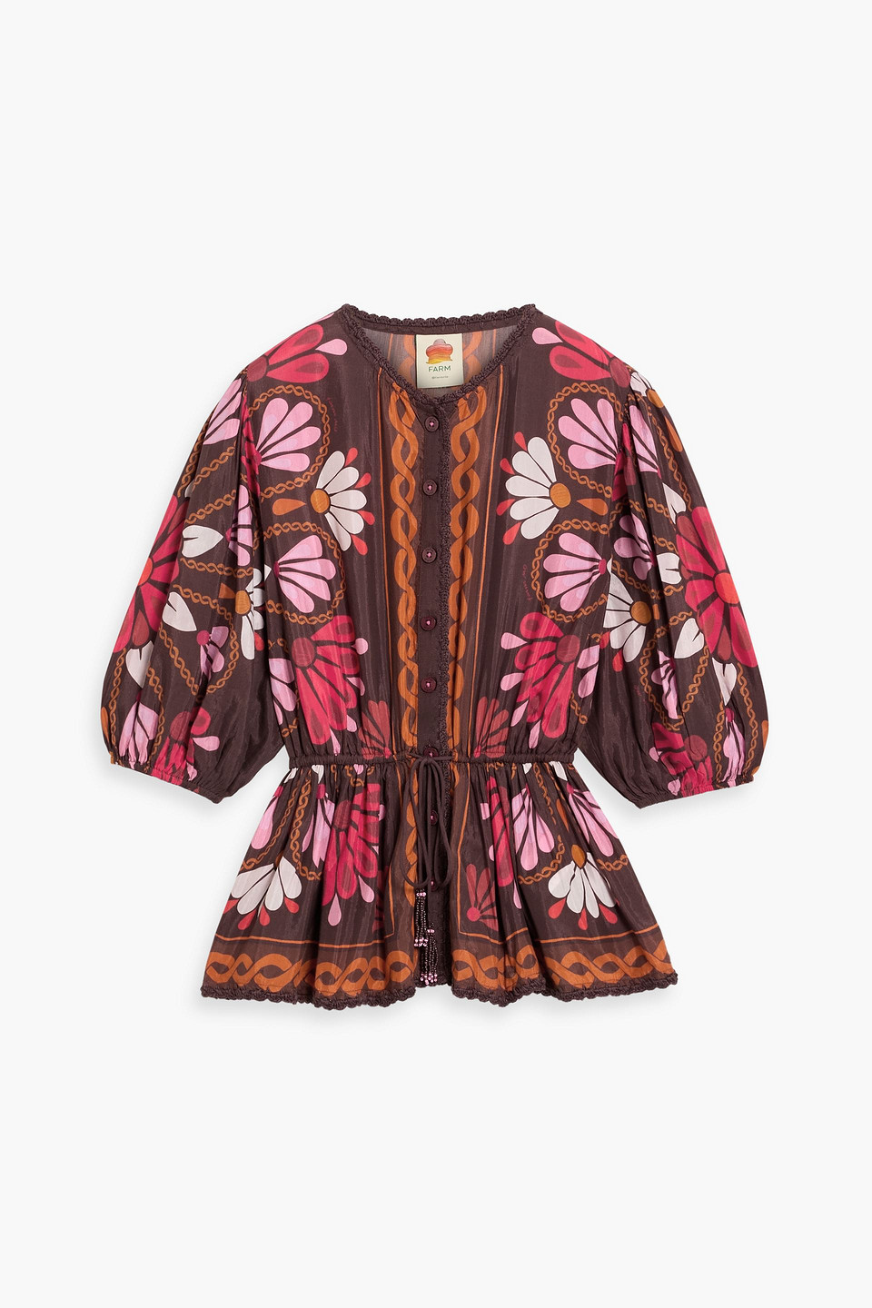 Farm Rio Crochet-trimmed Floral-print Cotton-blend Voile Blouse In Brown
