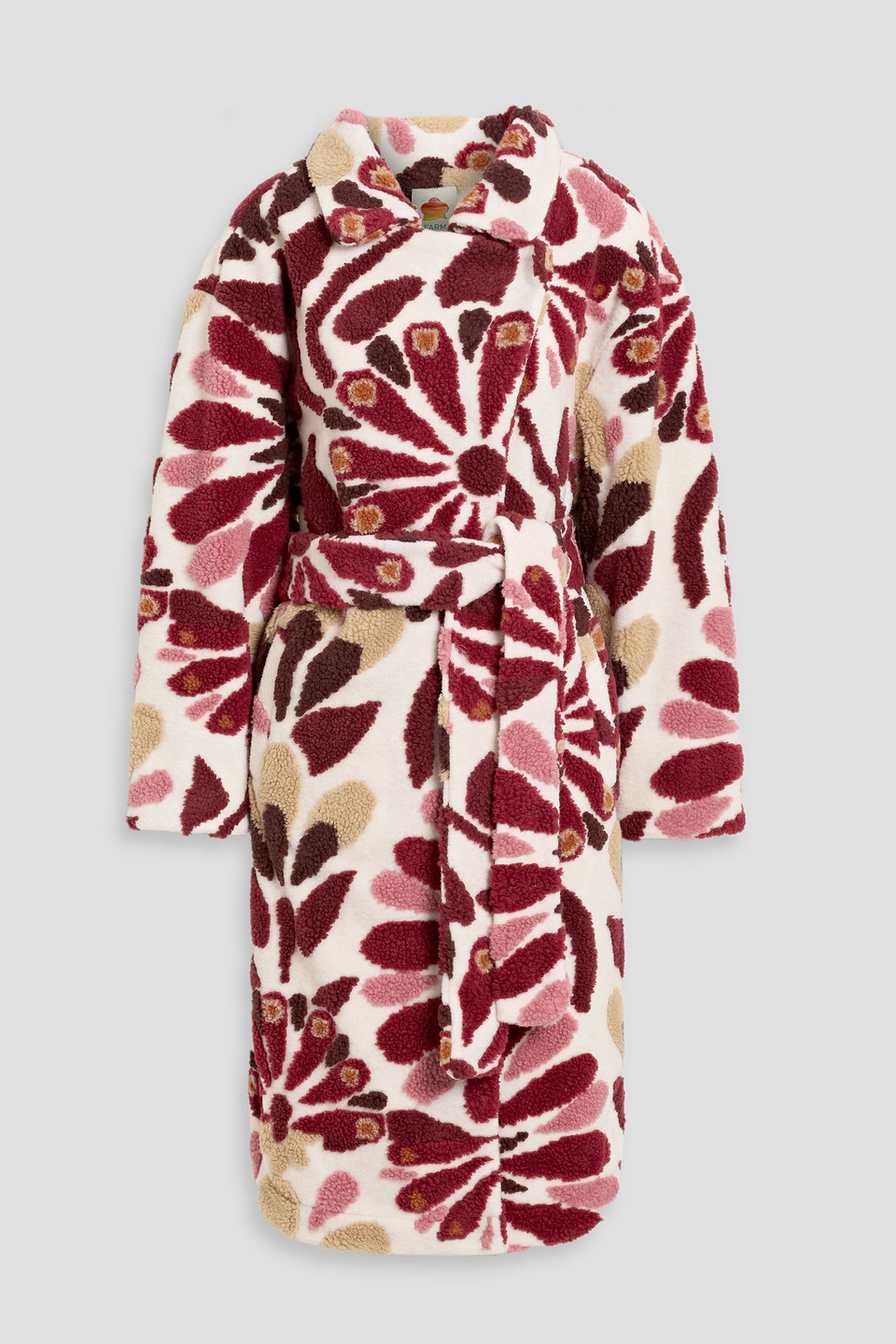 Farm Rio Belted Jacquard-fleece Coat In Burgundy