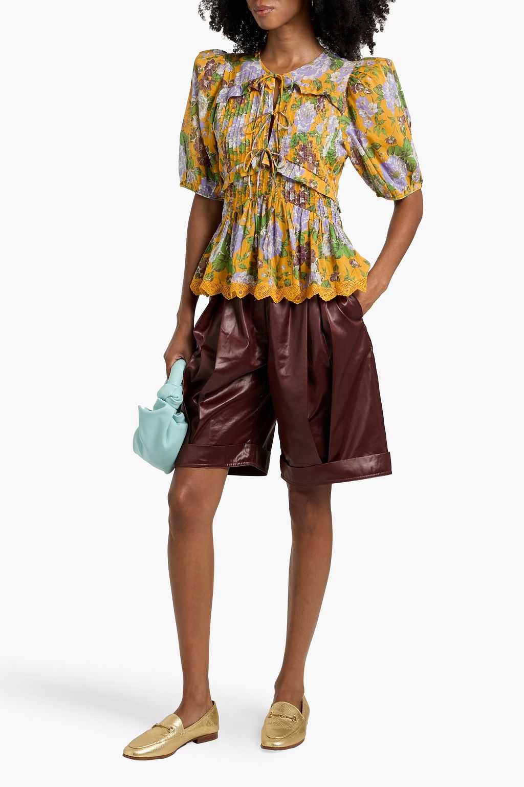 FARM RIO Pintucked floral-print cotton-voile blouse