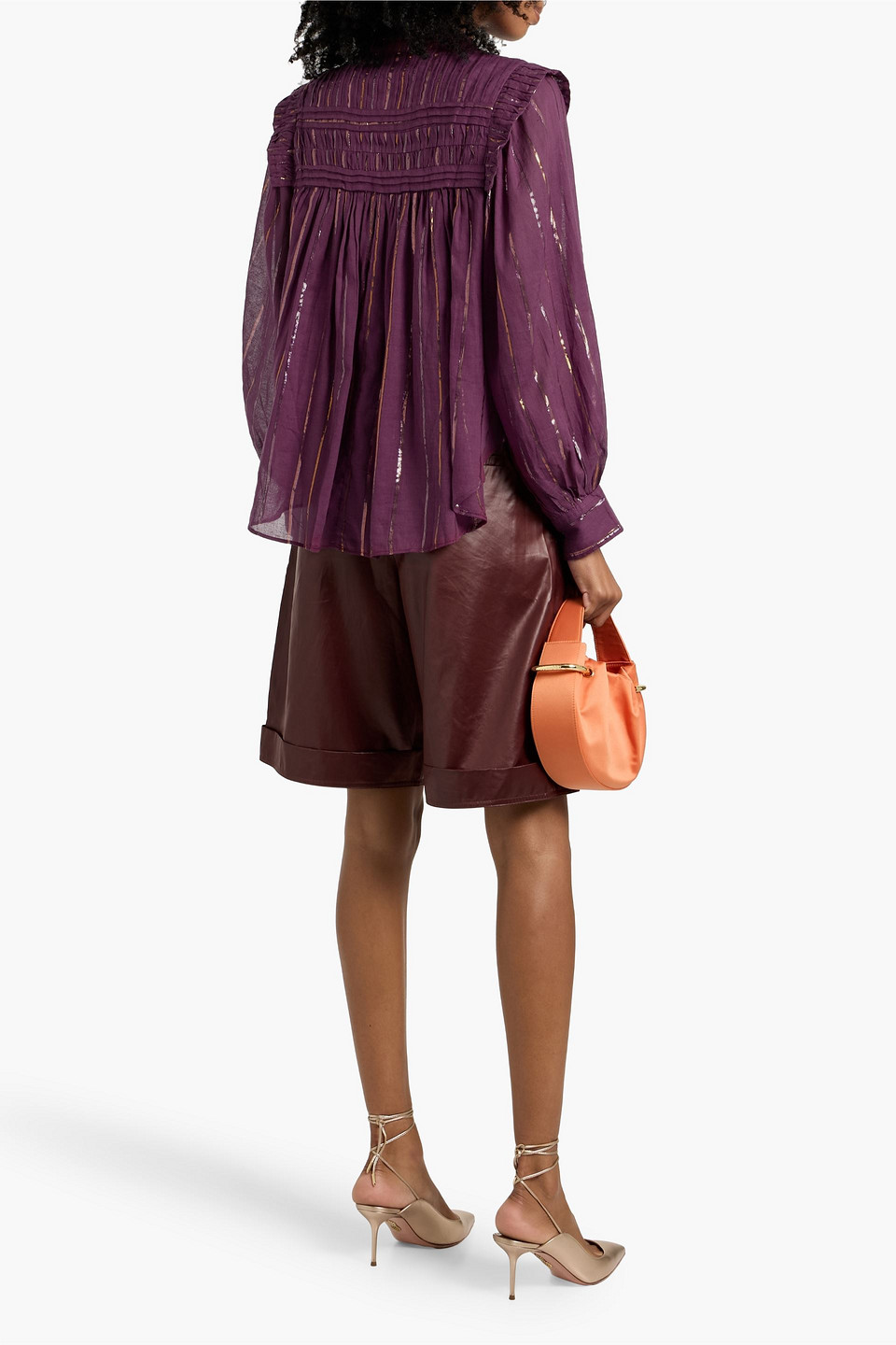 Farm Rio Pleated Yoke Button-up Top In Burgundy