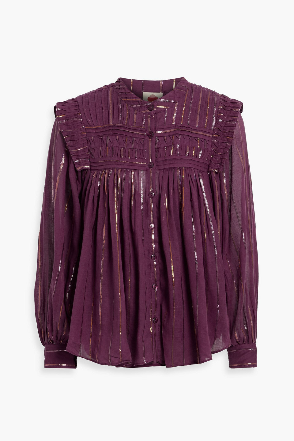 Farm Rio Pleated Yoke Button-up Top In Burgundy