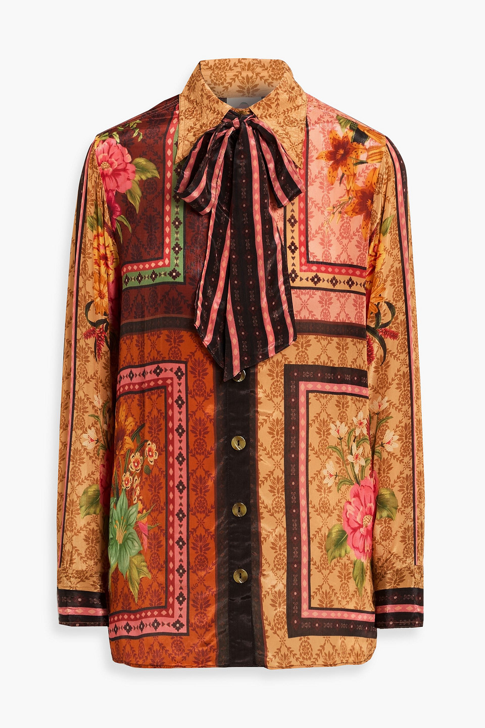 Farm Rio Pussy-bow Printed Crepe De Chine Shirt In Orange