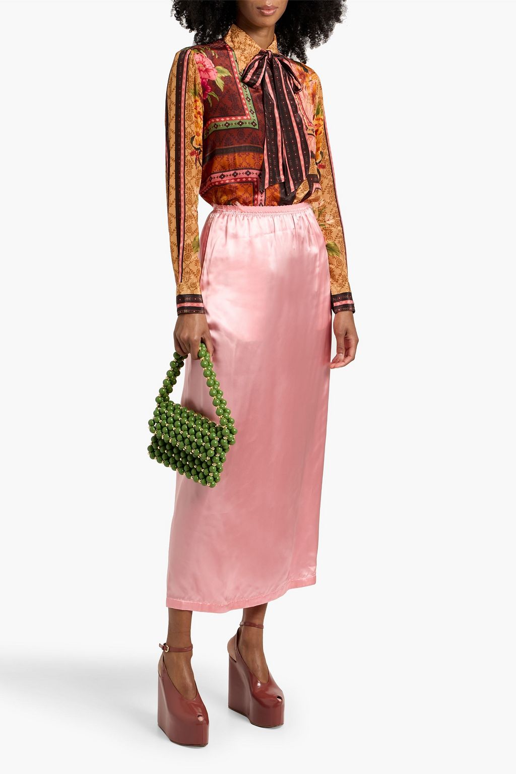 FARM RIO Pussy-bow printed crepe de chine shirt