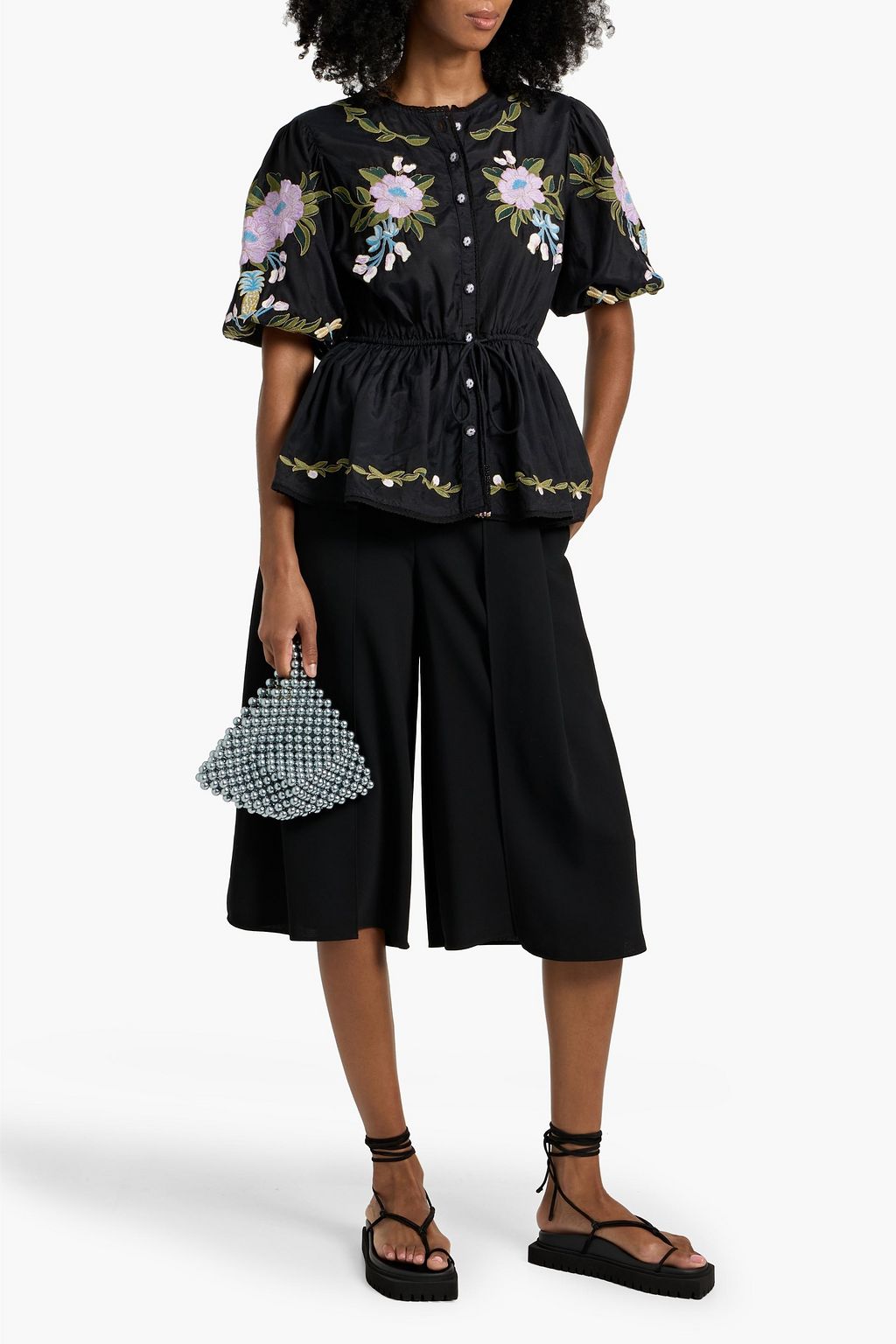 FARM RIO Embroidered cotton-blend voile blouse