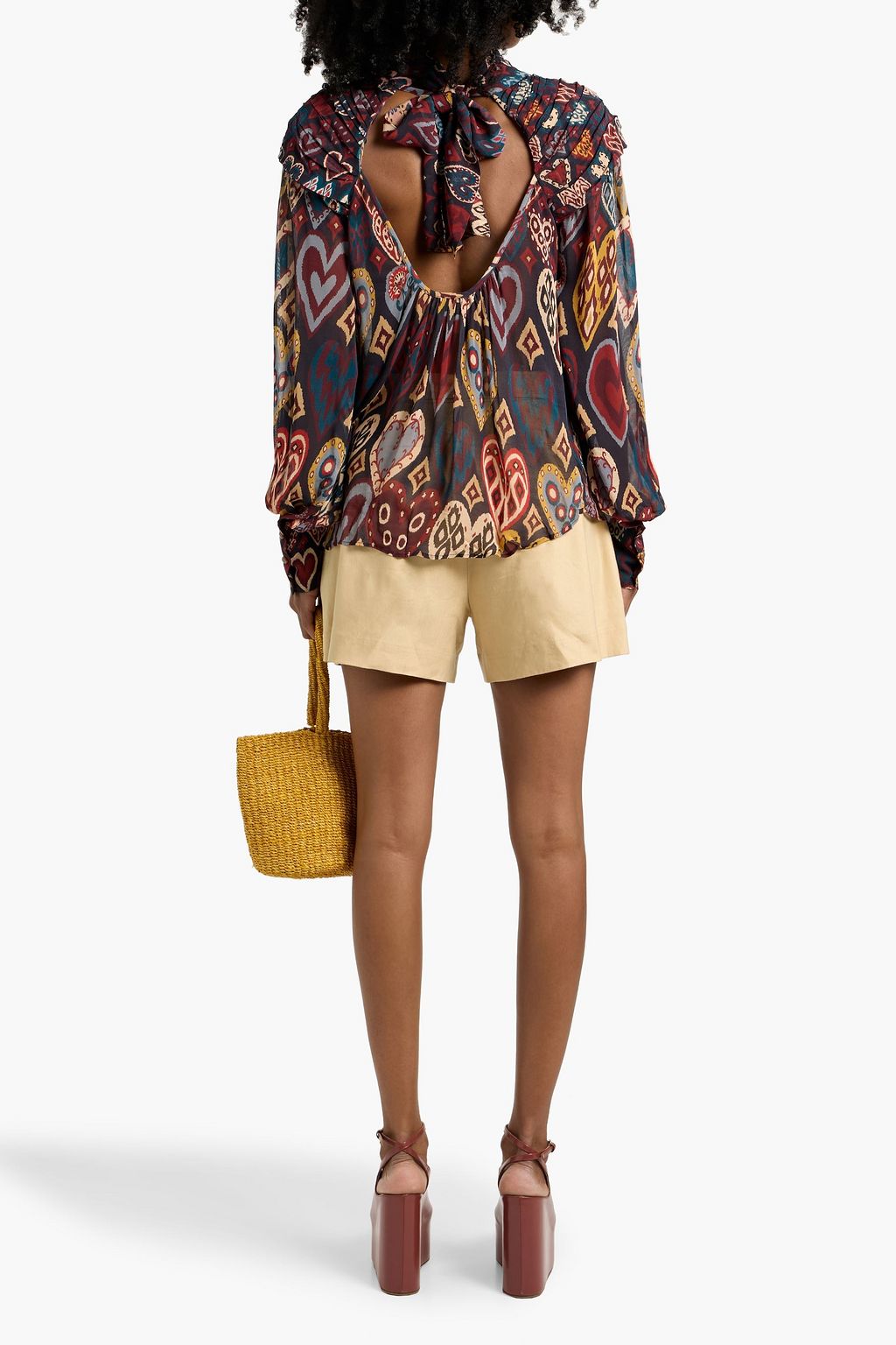 FARM RIO Tie-back cutout printed chiffon blouse