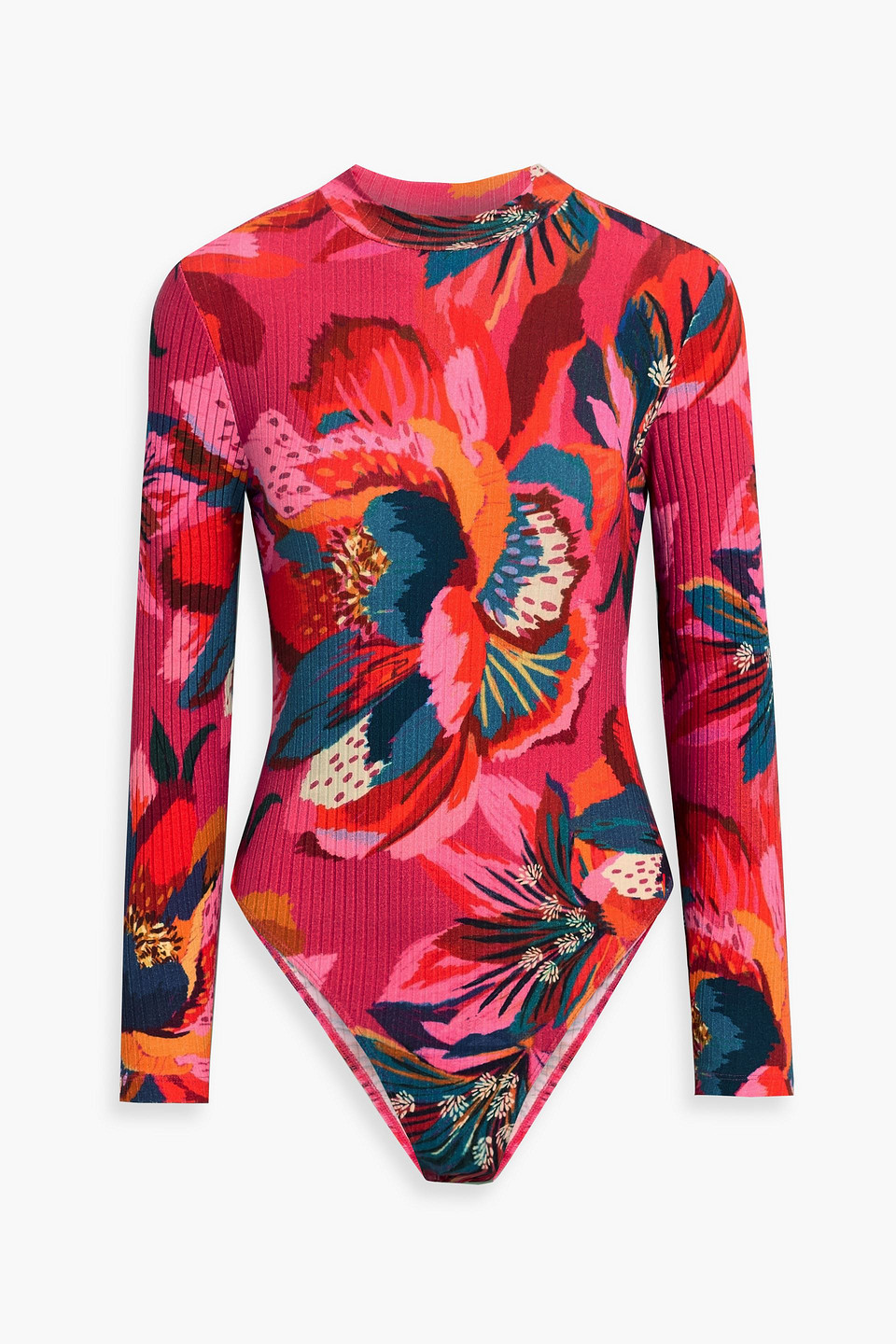 Farm Rio Floral-print Ribbed Cotton-blend Bodysuit In Pink