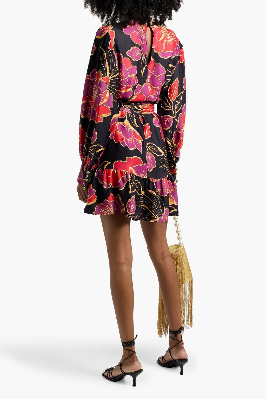 FARM RIO Ruffled floral-print crepe de chine mini dress