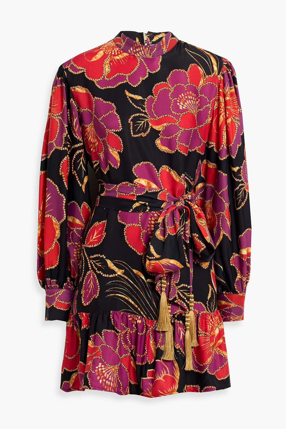 Farm Rio Ruffled Floral-print Crepe De Chine Mini Dress In Black