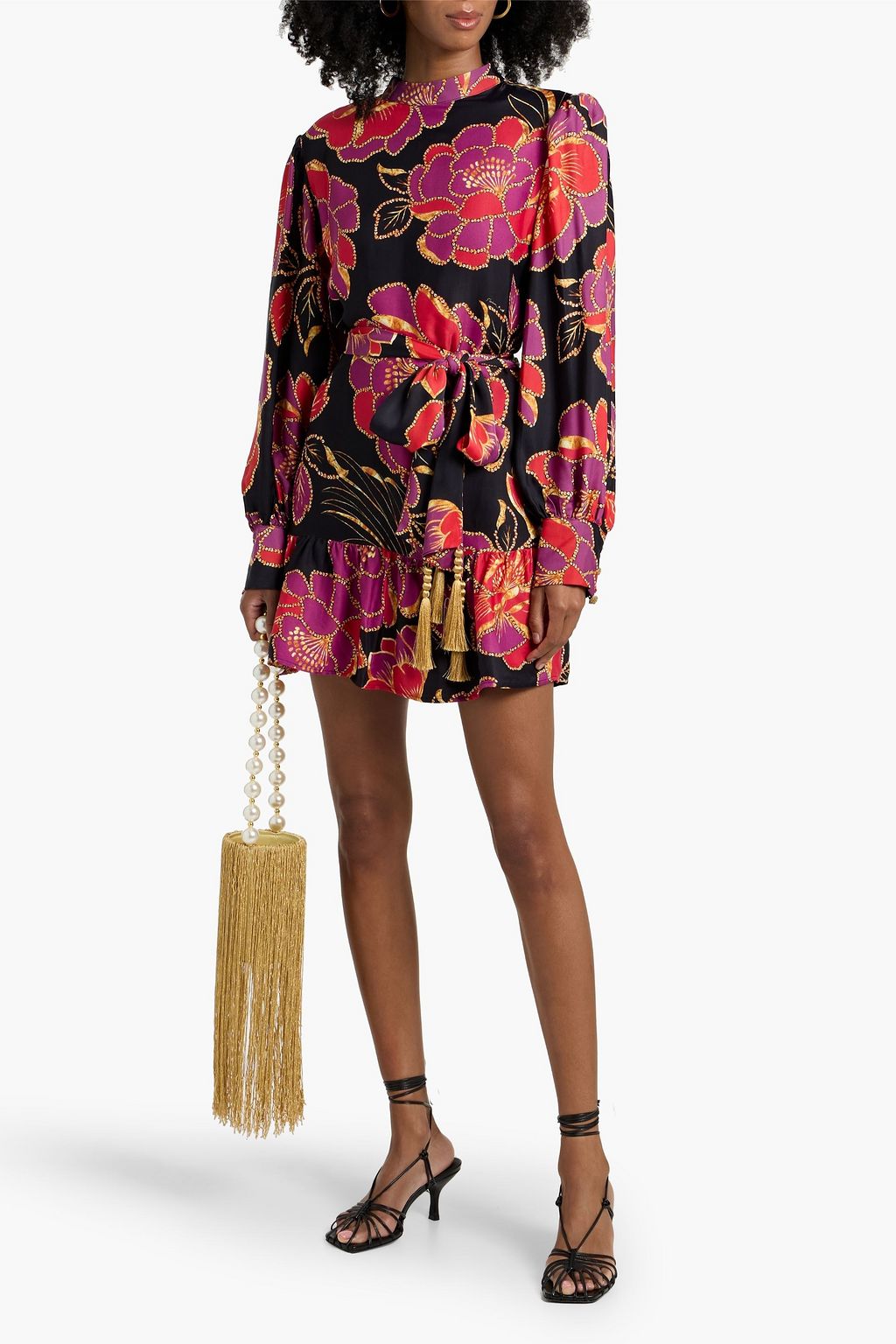 FARM RIO Ruffled floral-print crepe de chine mini dress