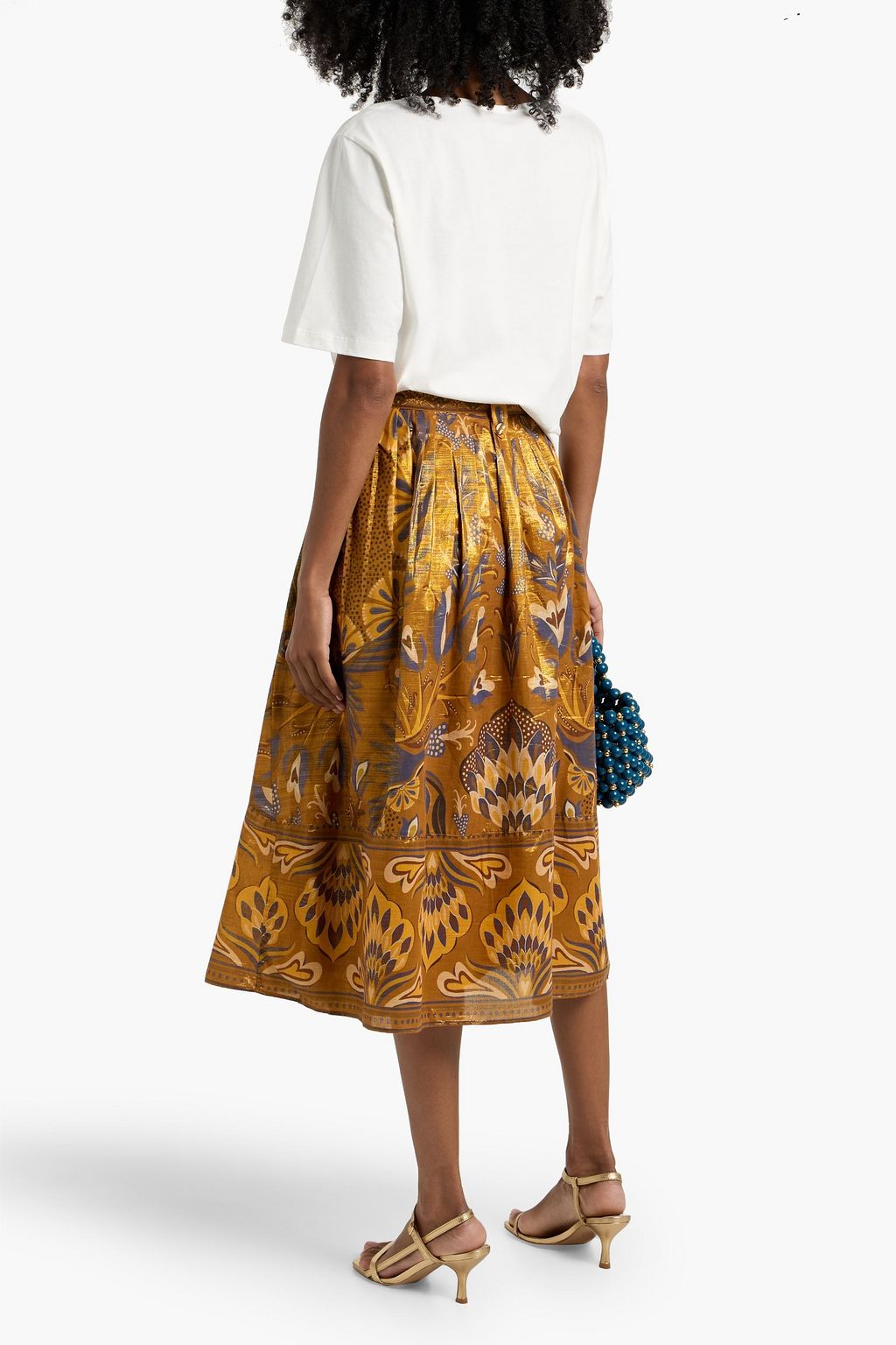 FARM RIO Belted metallic printed cotton-blend midi skirt