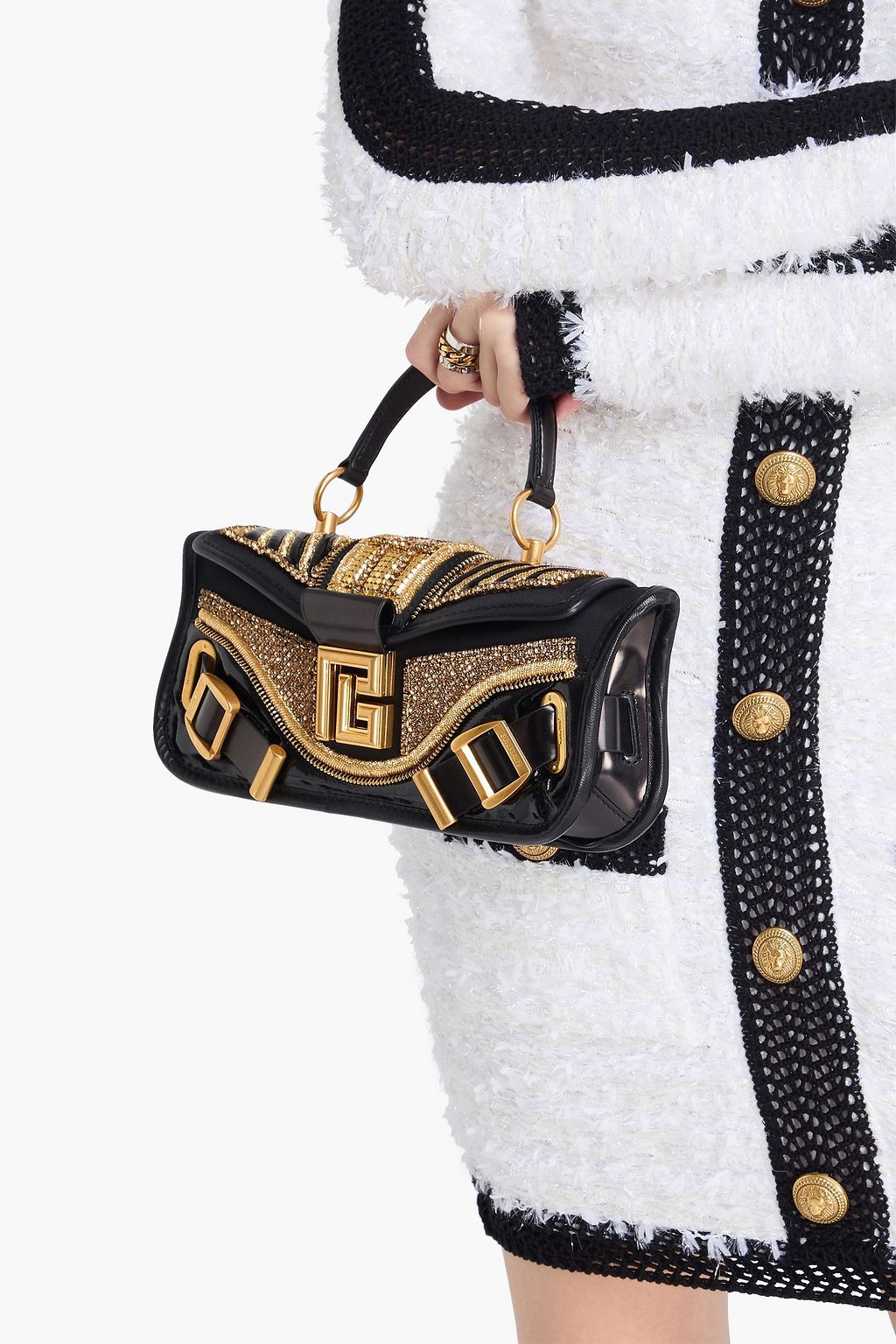 BALMAIN حقيبة توت من الساتان مزينة بالكريستال بلون معدني