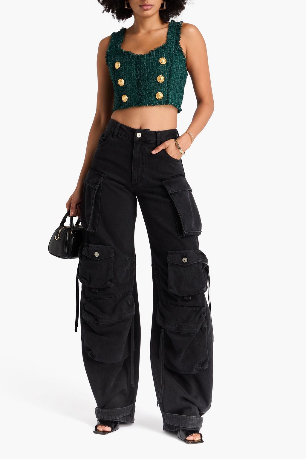 BALMAIN بلوزة قصيرة من التويد بتصميم مزركش