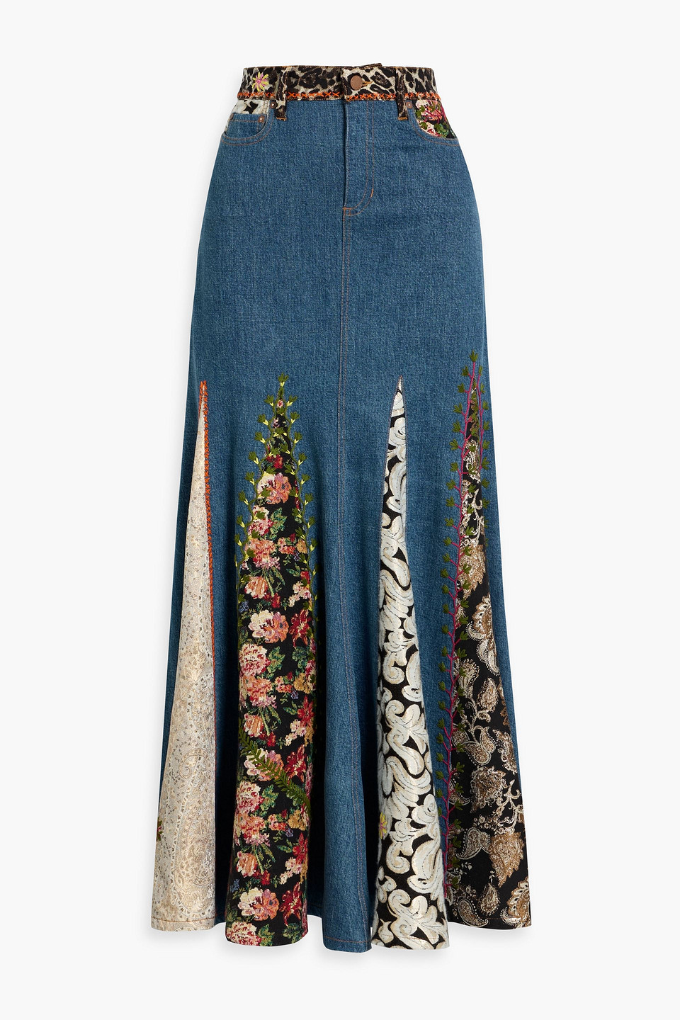 Alice And Olivia Nala Embroidered Jacquard And Denim Maxi Skirt In Blue