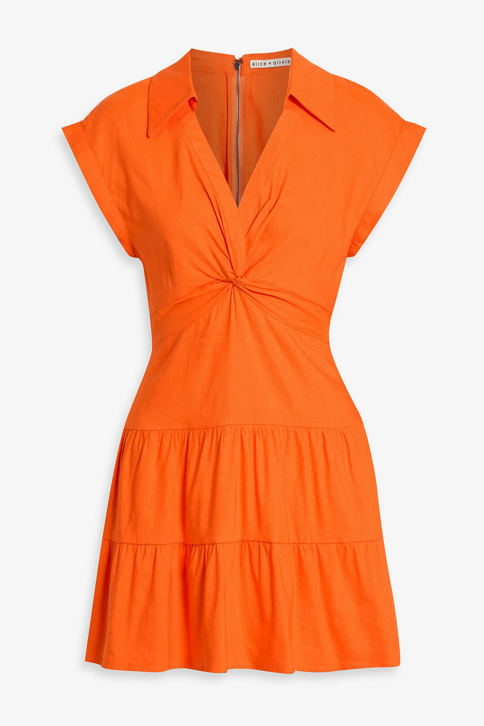 Alice And Olivia Mila Twisted Linen-blend Mini Shirt Dress In Orange