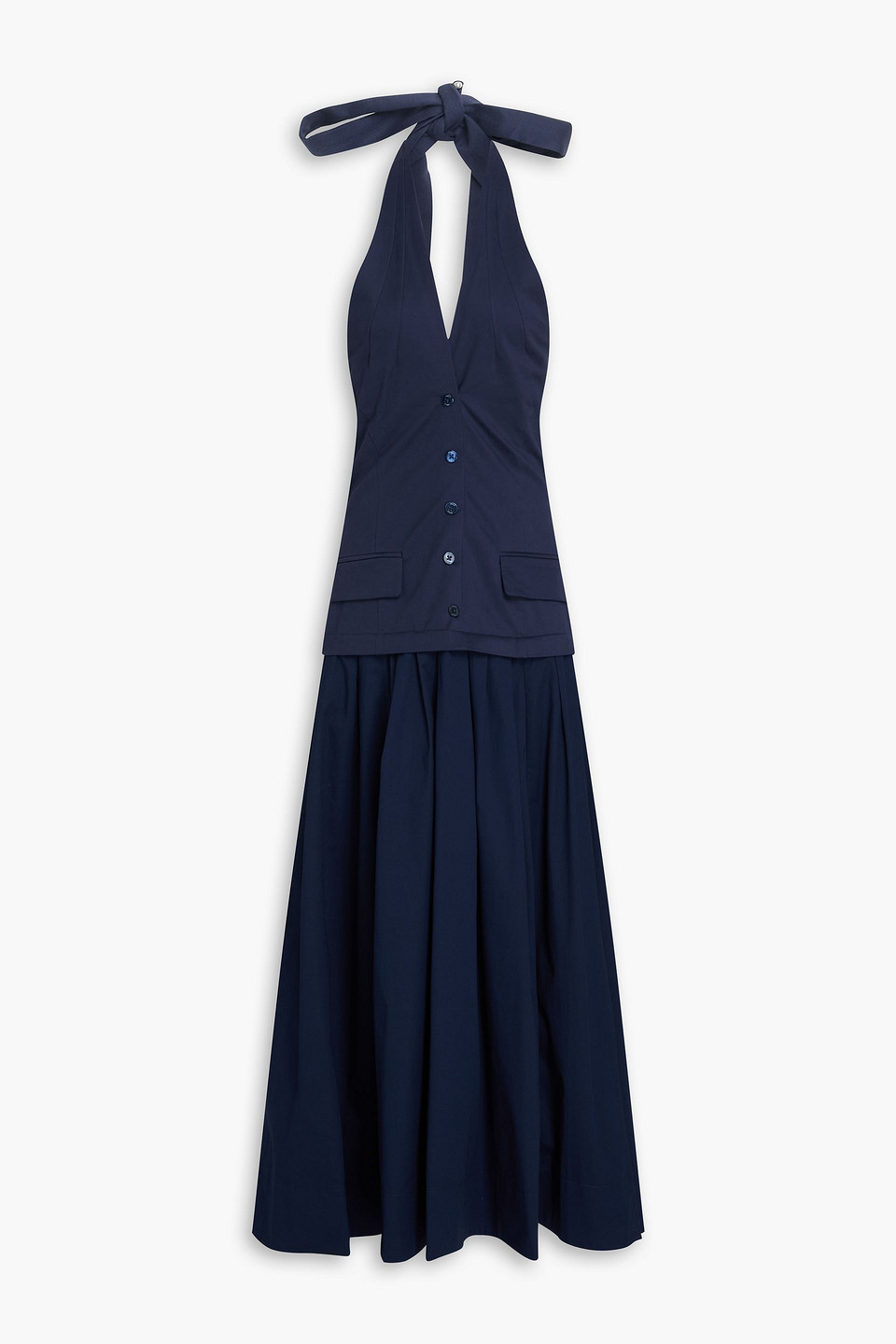 staud - harrington pleated cotton-blend twill and poplin halterneck maxi dress - blue - us 10