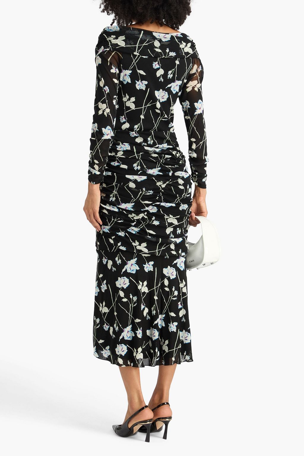 DIANE VON FURSTENBERG Ganesa off-the-shoulder ruched floral-print stretch-mesh midi dress