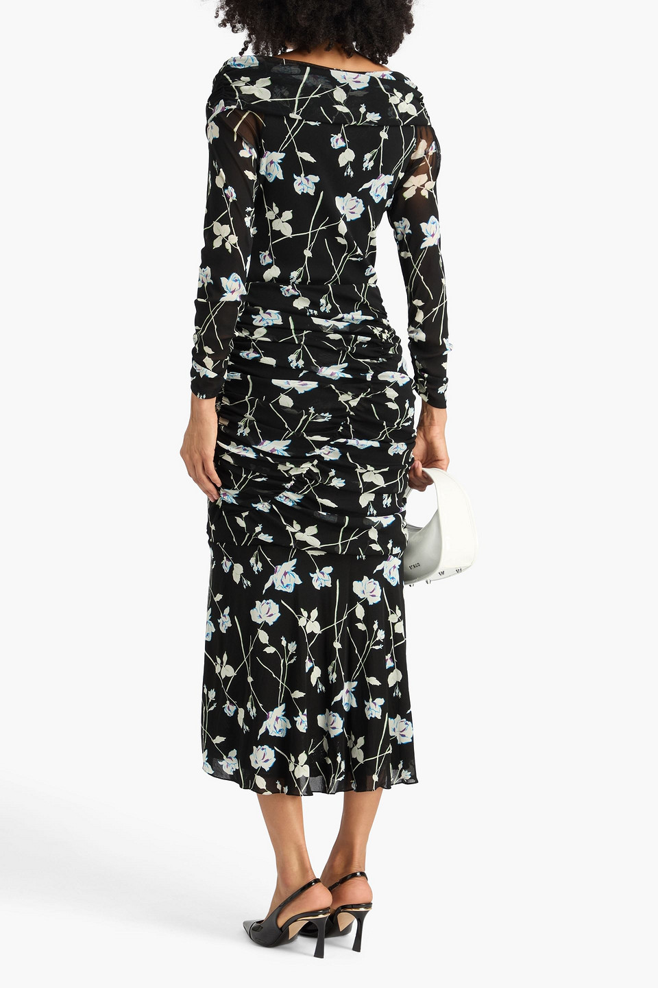 Diane Von Furstenberg Ganesa Off-the-shoulder Ruched Floral-print Stretch-mesh Midi Dress In Black