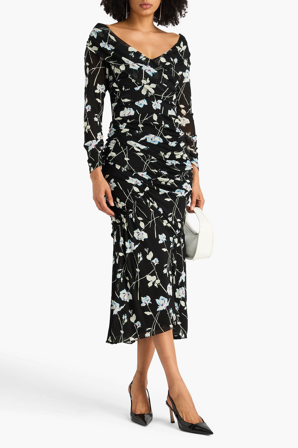 Diane Von Furstenberg Ganesa Off-the-shoulder Ruched Floral-print Stretch-mesh Midi Dress In Black