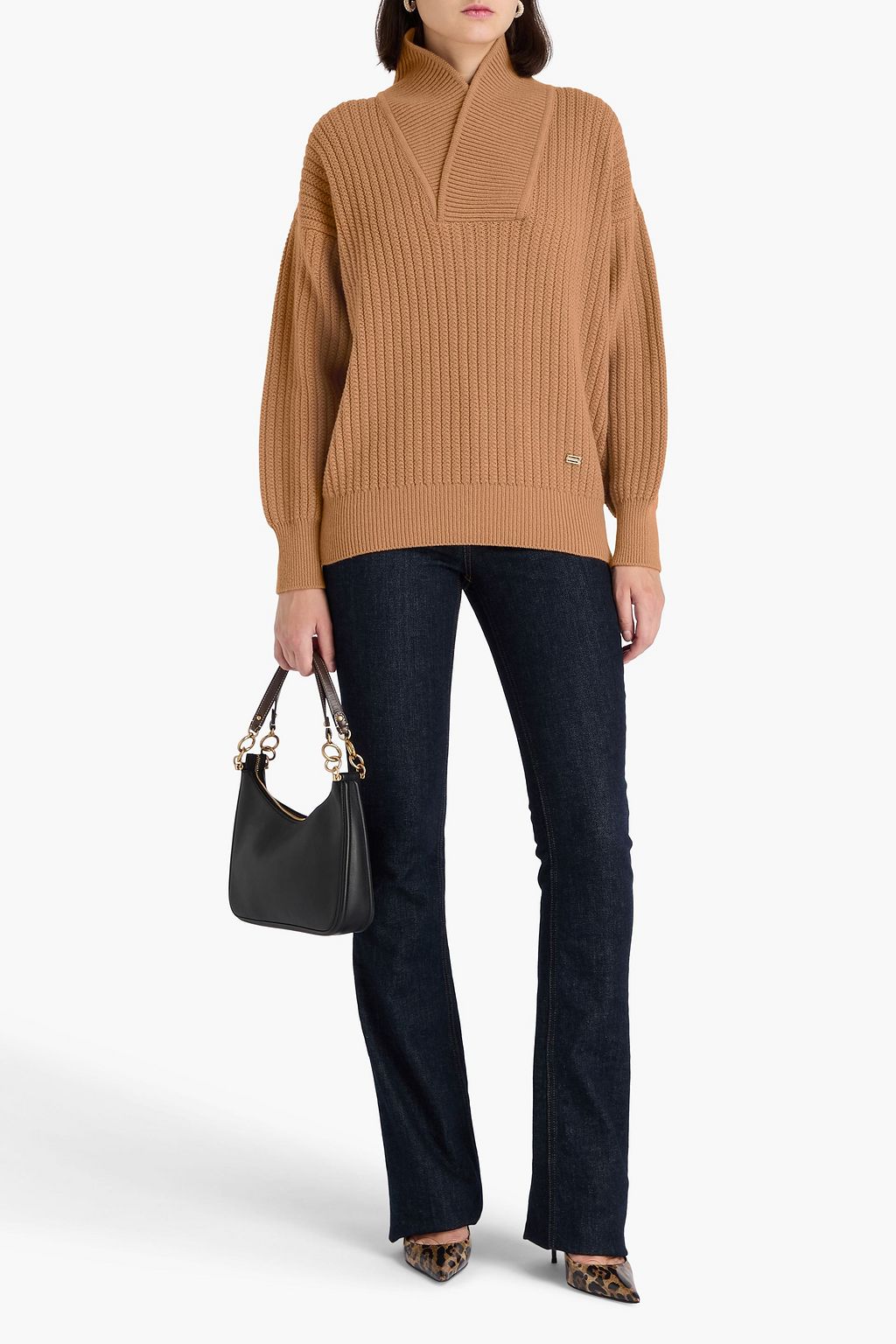 VICTORIA BECKHAM كنزة رياضية من الصوف المضلّع مزينة بنصف سحّاب