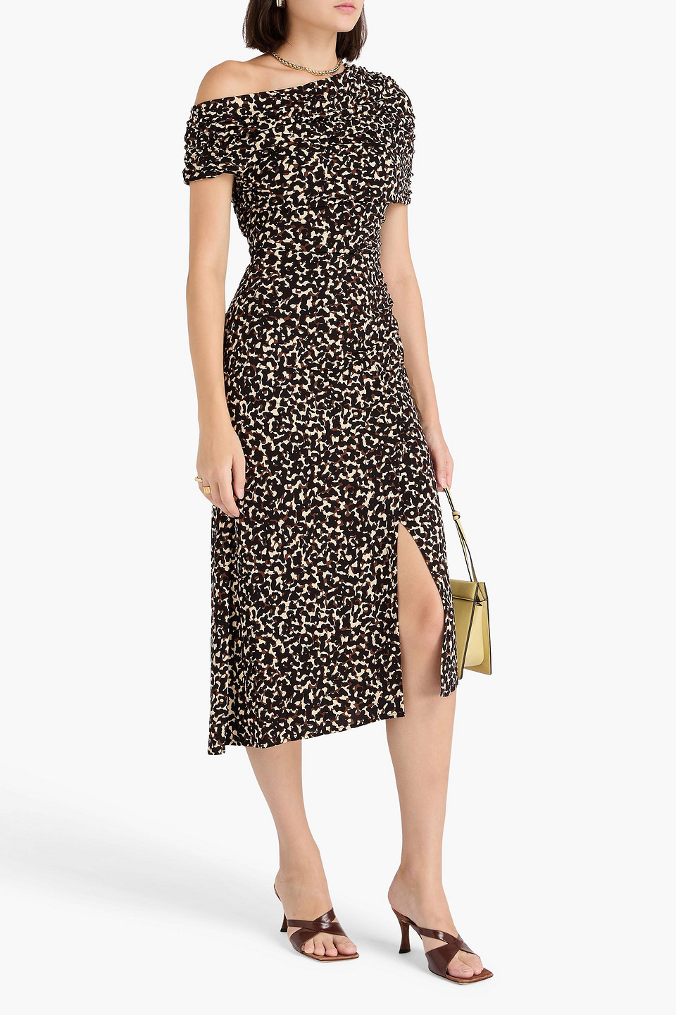 Diane Von Furstenberg Agustin Off-the-shoulder Ruched Leopard-print Crepe Midi Dress In Multi