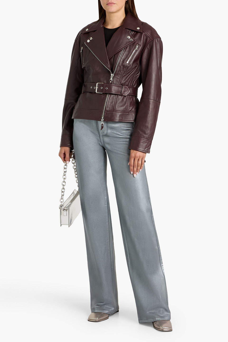 Paige Cento Leather Biker Jacket In Burgundy
