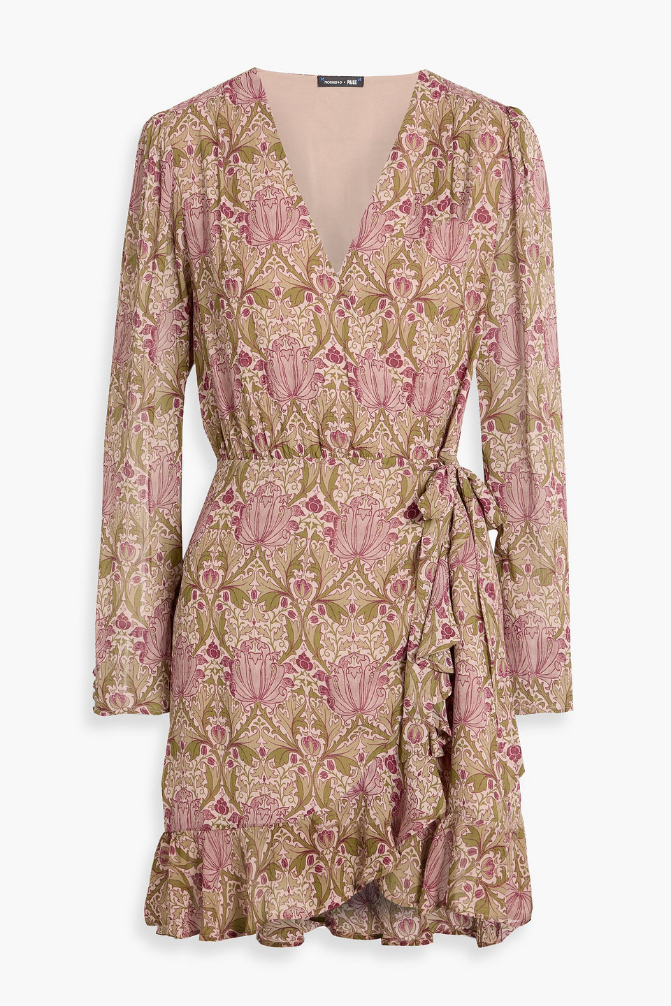 Morris & Co. X Paige Bodega Ruffled Floral-print Silk-georgette Mini Wrap Dress In Brown