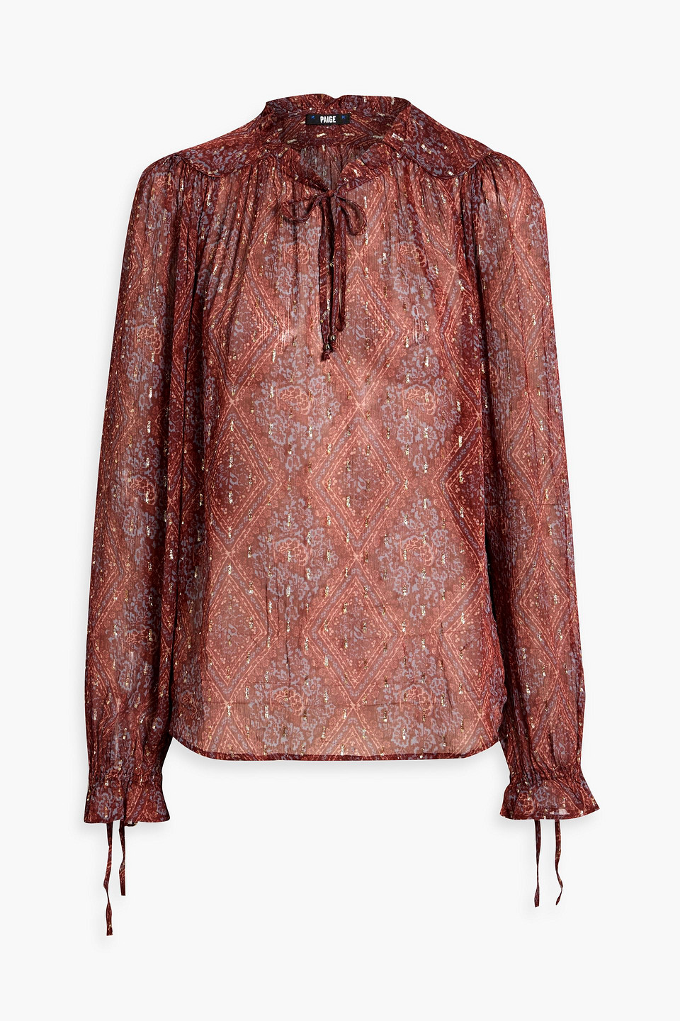 paige - fia ruffled printed metallic fil coupé georgette blouse - burgundy - m