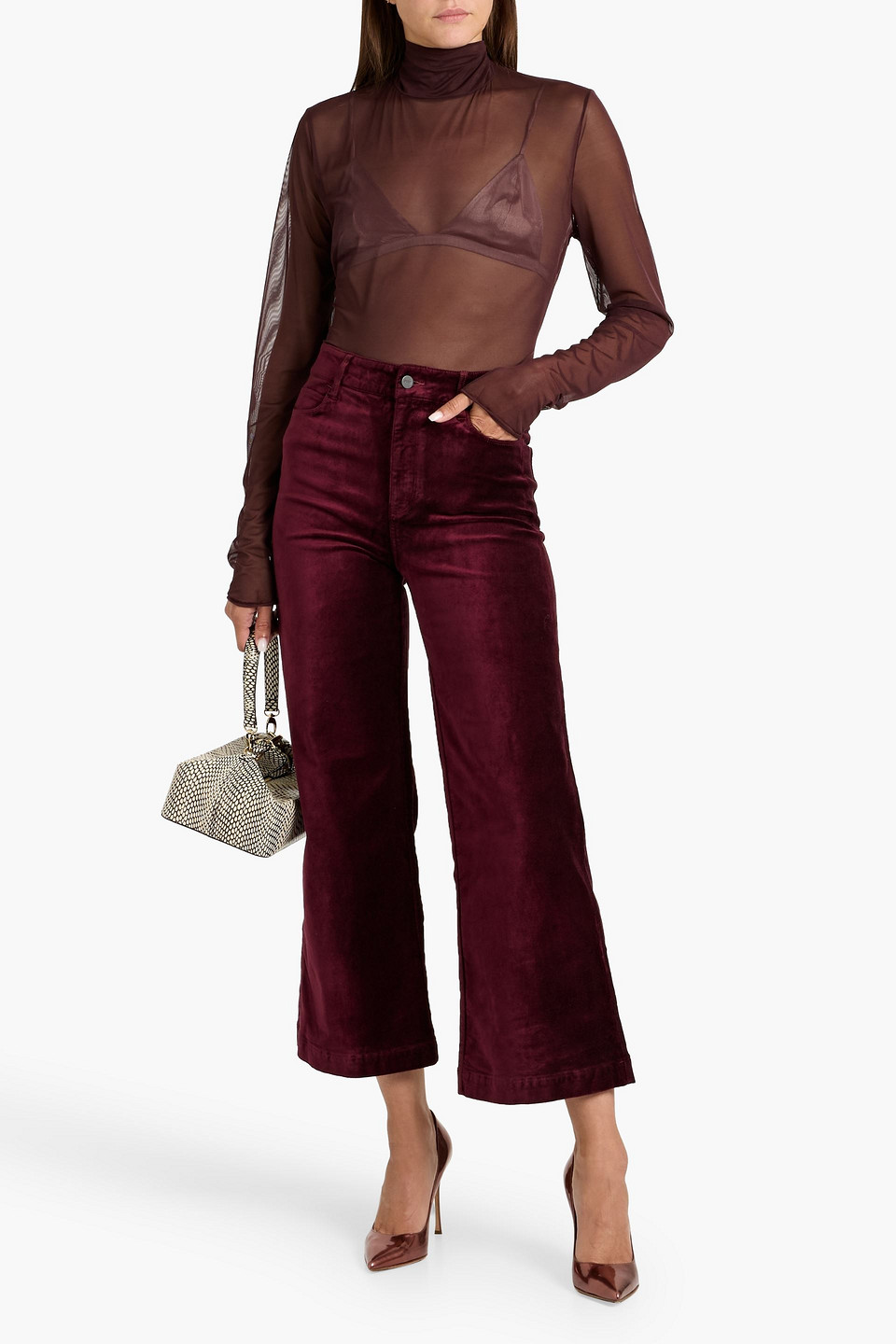 Paige Anessa High Waist Ankle Wide Leg Velvet Pants In Burgundy