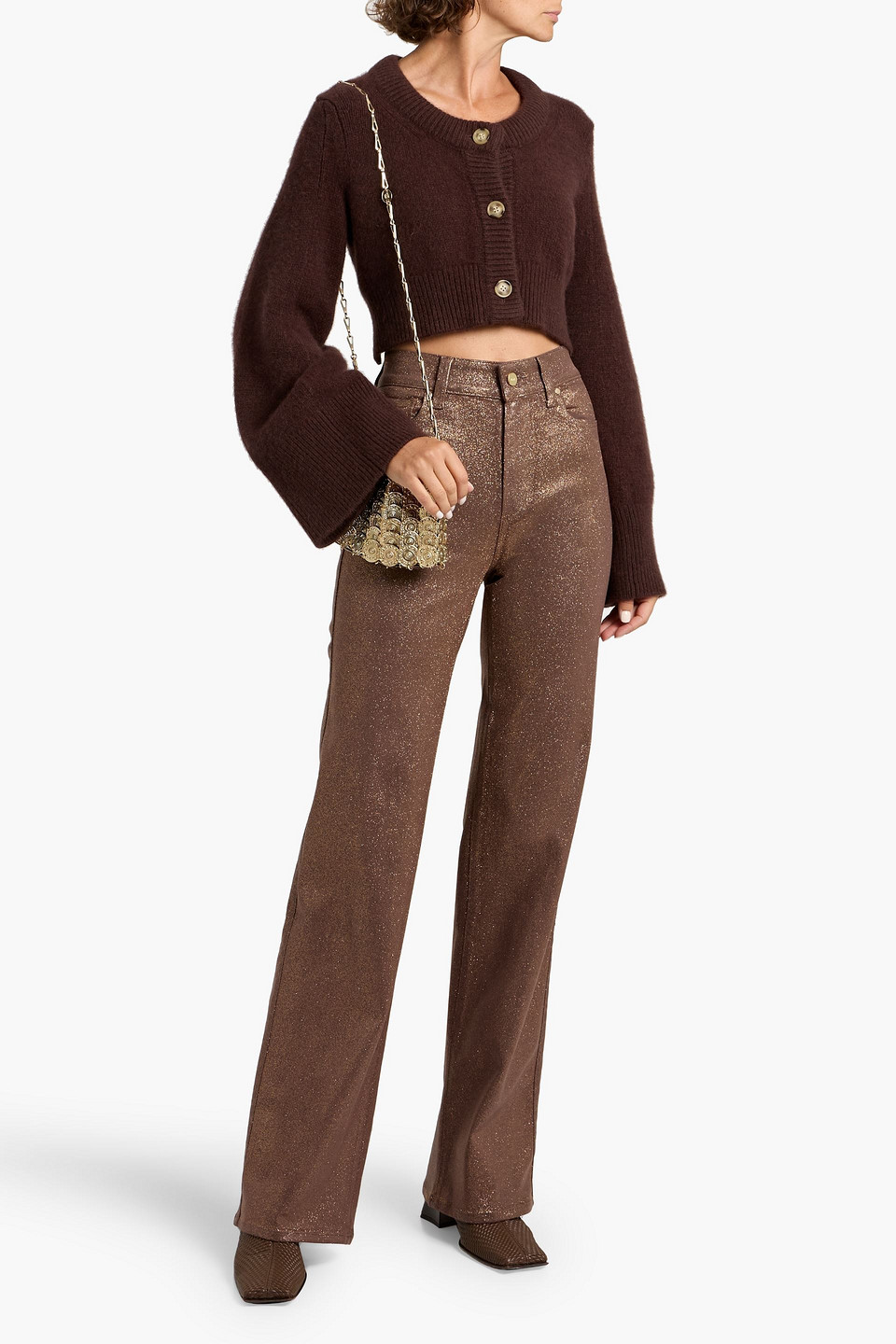 Paige Sasha Glittered High-rise Wide-leg Jeans In Brown