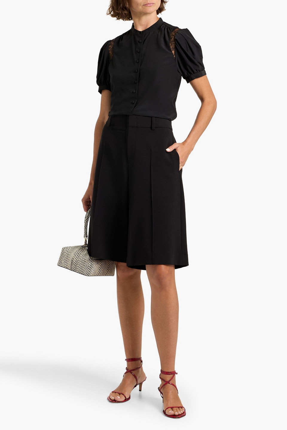 Frame Lace-trimmed Silk Crepe De Chine Blouse In Black