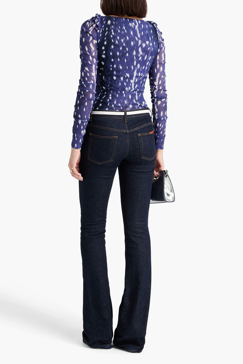 Diane Von Furstenberg Ash Ruched Printed Mesh Bodysuit In Blue