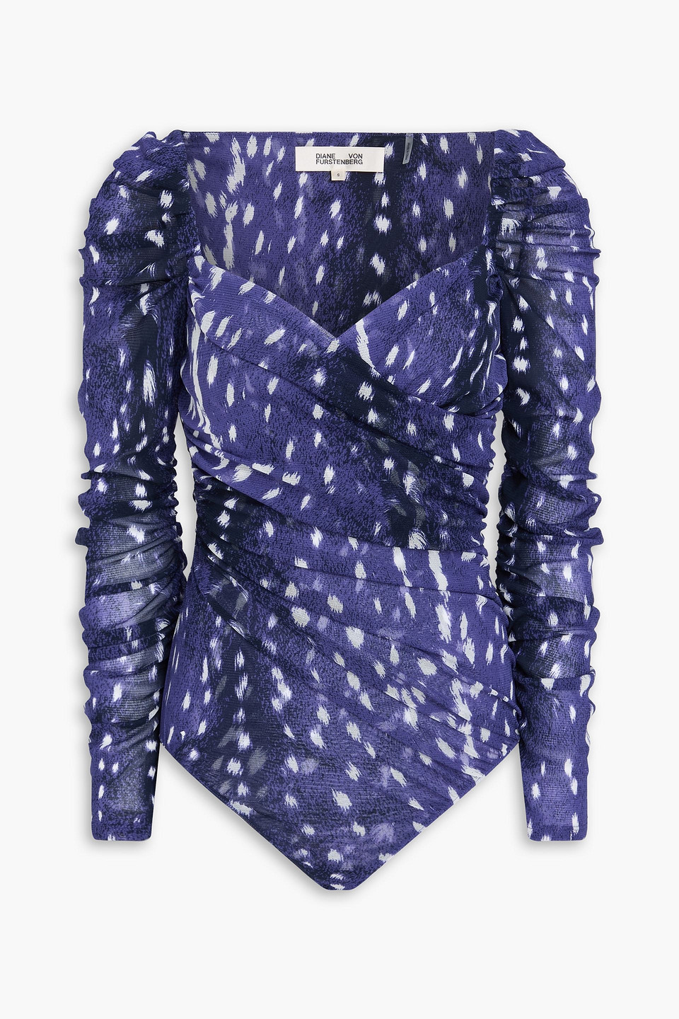 Diane Von Furstenberg Ash Ruched Printed Mesh Bodysuit In Blue