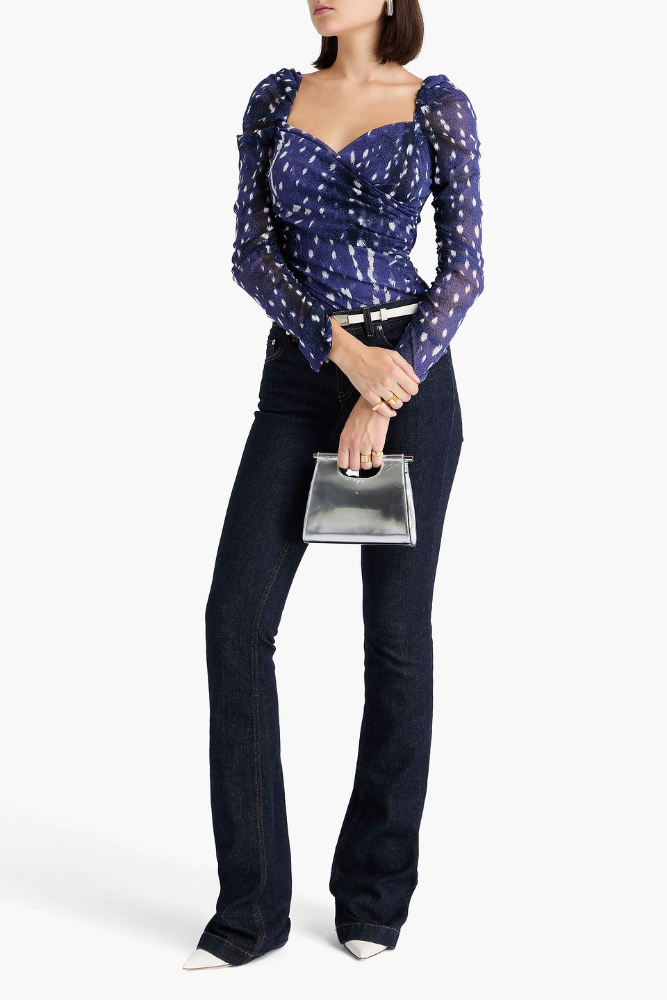 Diane Von Furstenberg Ash Ruched Printed Mesh Bodysuit In Blue