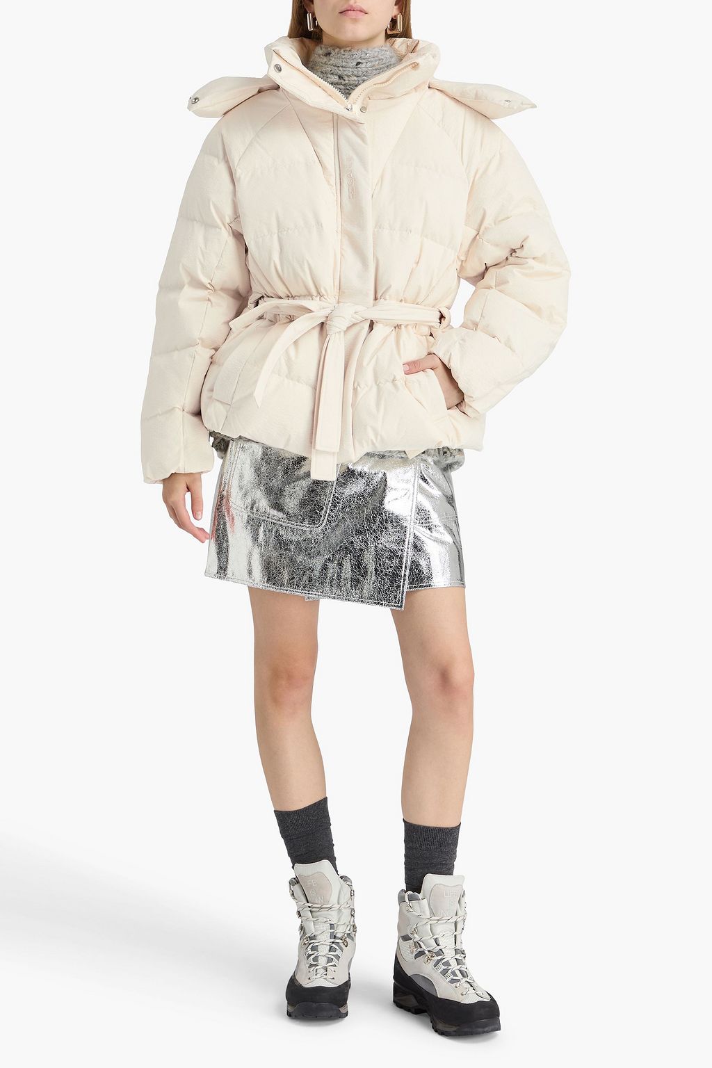 GANNI Belted quilted seersucker down jacket