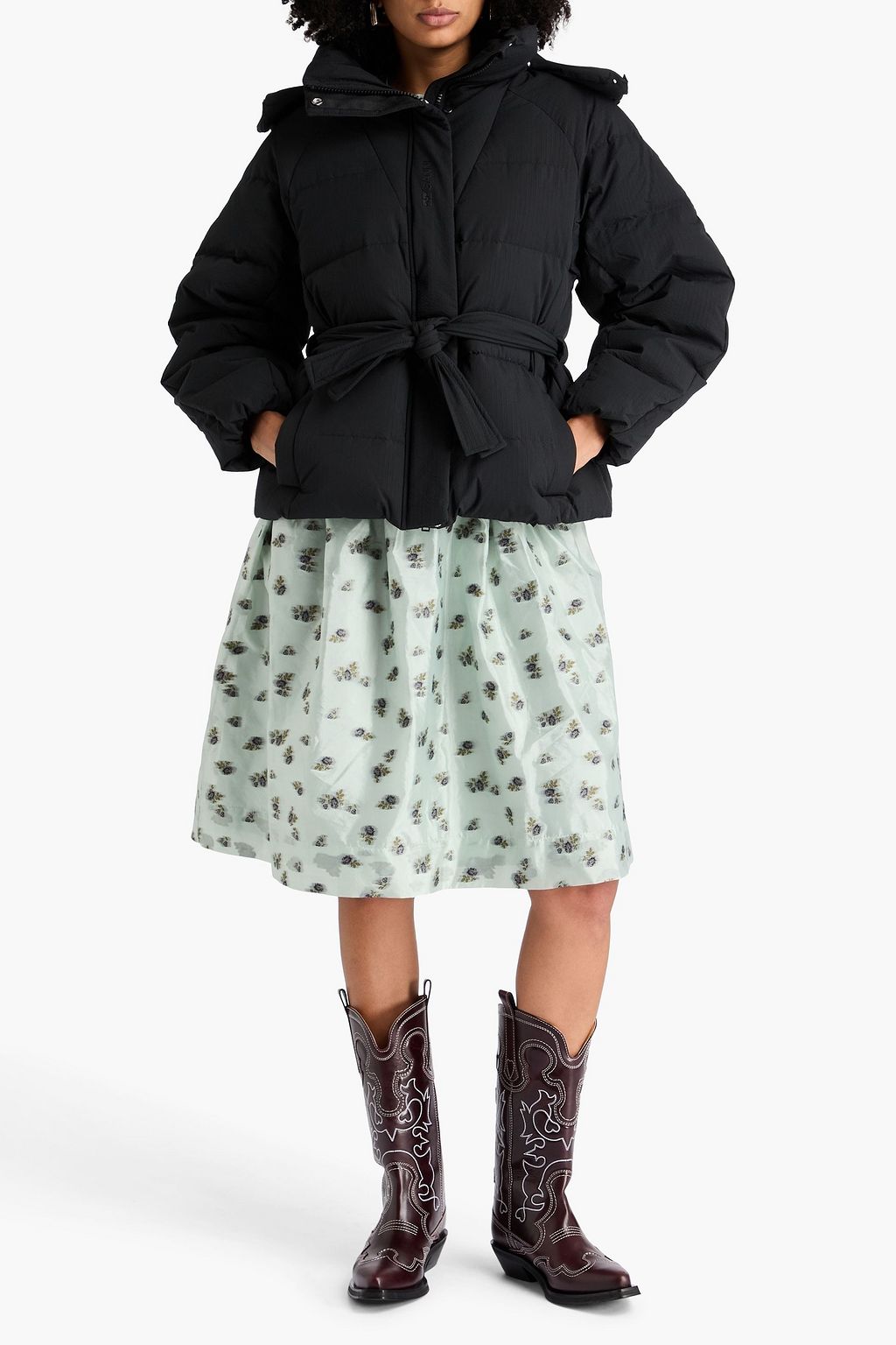 GANNI Belted quilted seersucker down jacket