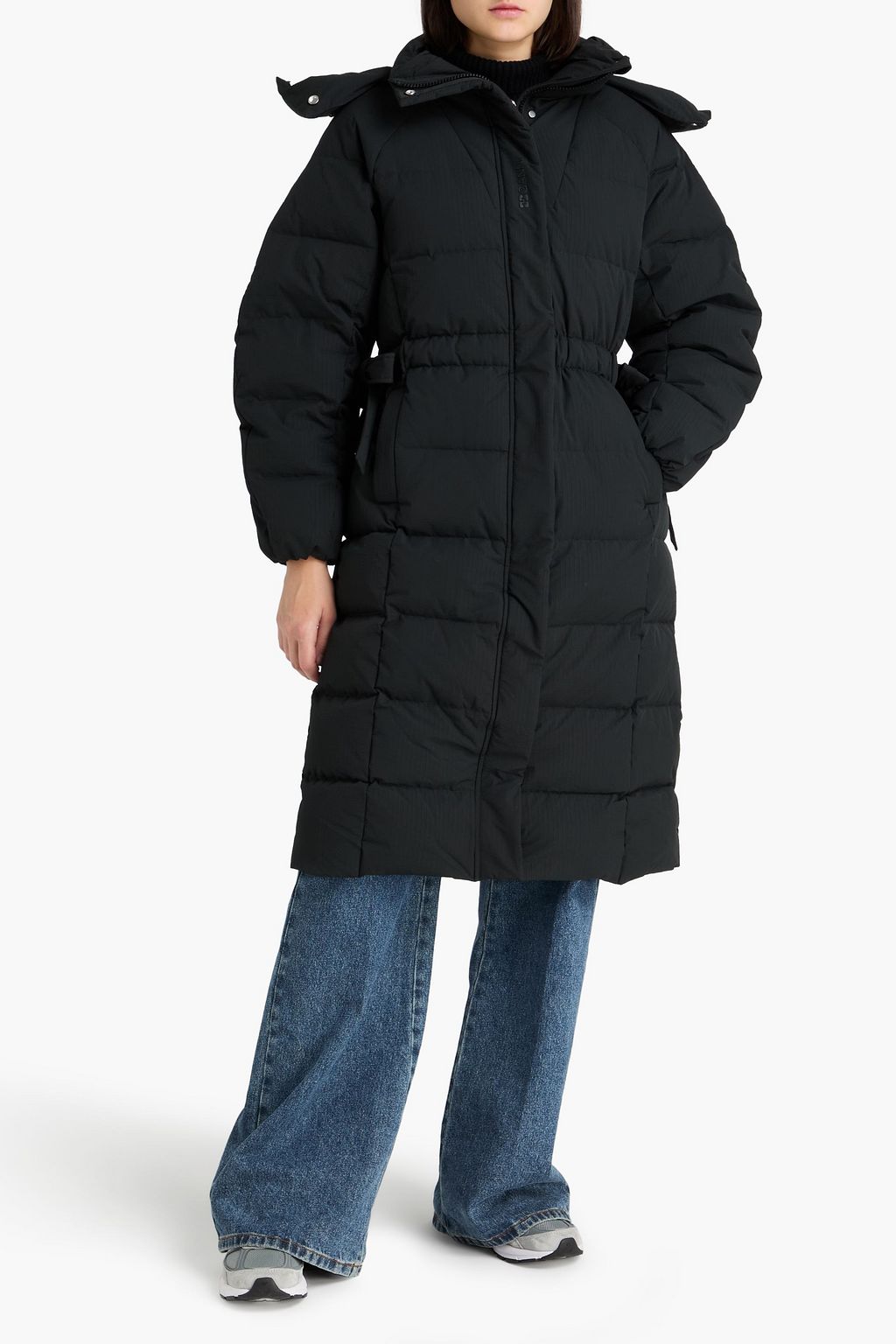 GANNI Belted quilted seersucker down coat