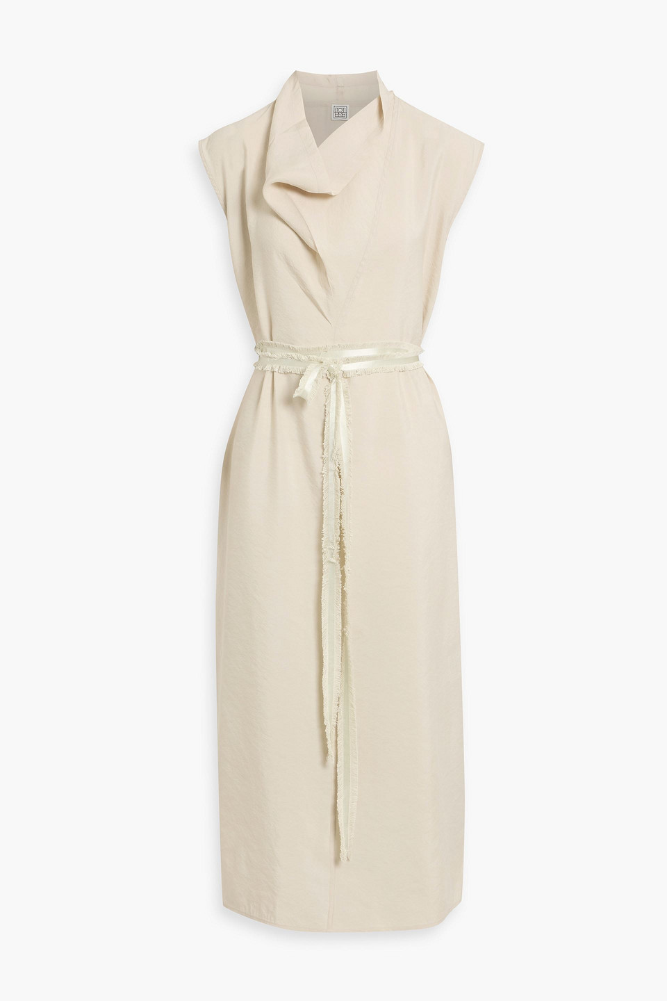 Totême Draped Frayed Crepe Midi Dress In Sand